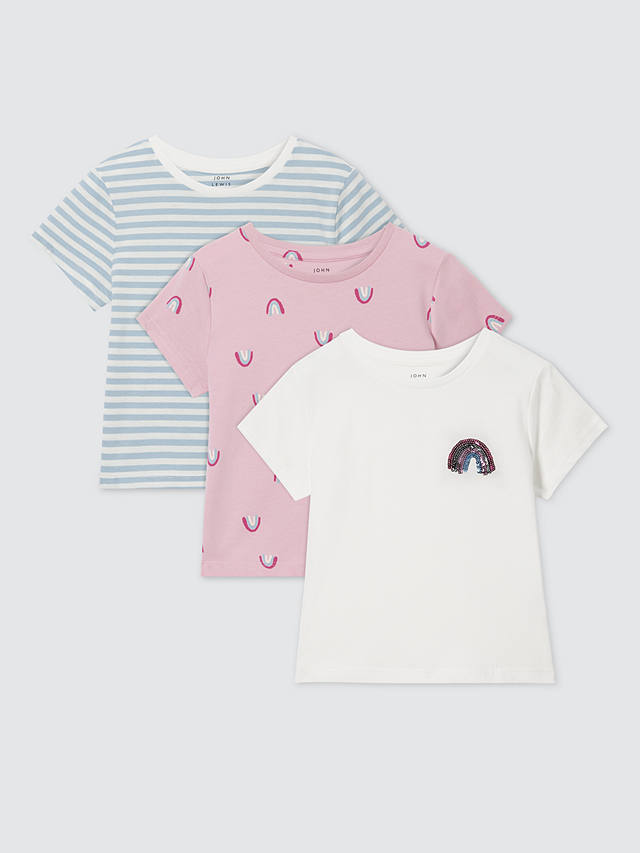 John Lewis Kids' Stripe/RainbowShort Sleeve T-Shirts, Pack of 3, White/Multi
