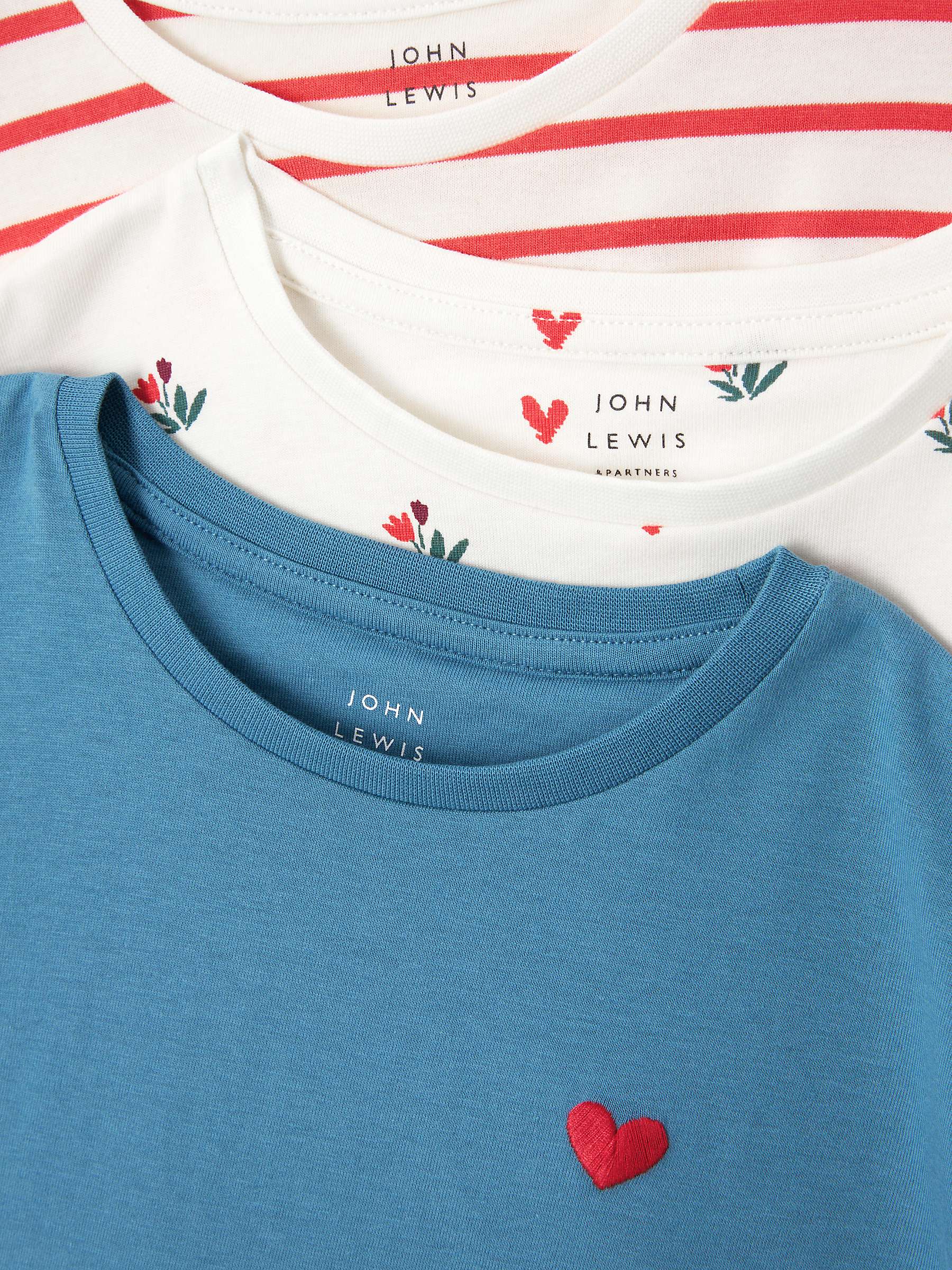 Buy John Lewis Kids' Stripe/Flower/Heart Ruffle Sleeve T-Shirts, Pack of 3, Multi Online at johnlewis.com