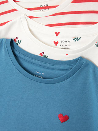 John Lewis Kids' Stripe/Flower/Heart Ruffle Sleeve T-Shirts, Pack of 3, Multi