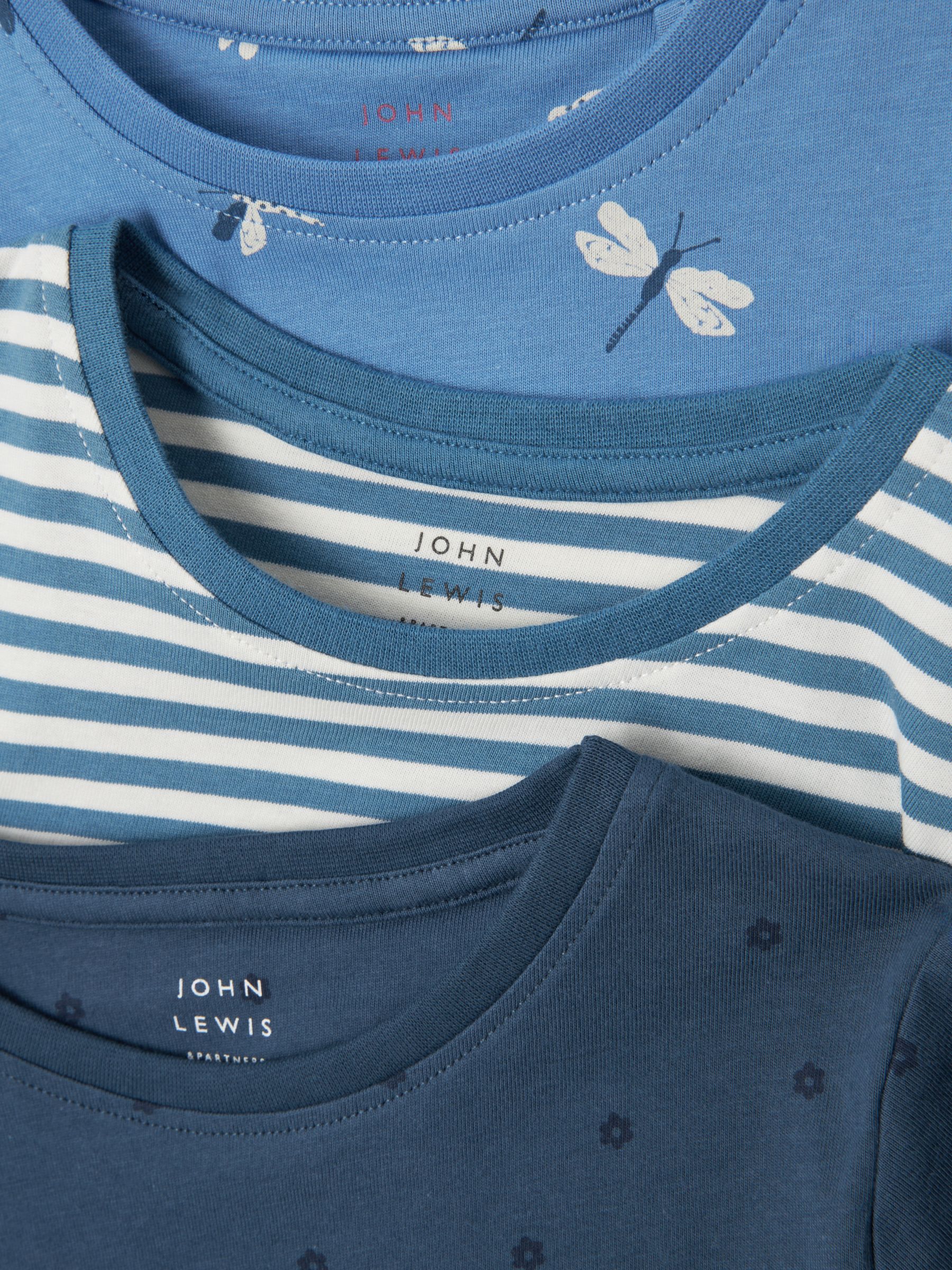 John Lewis Kids' Dragonfly/Stripe/Flower Long Sleeve T-Shirts, Pack of 3, Blue/Multi, 7 years