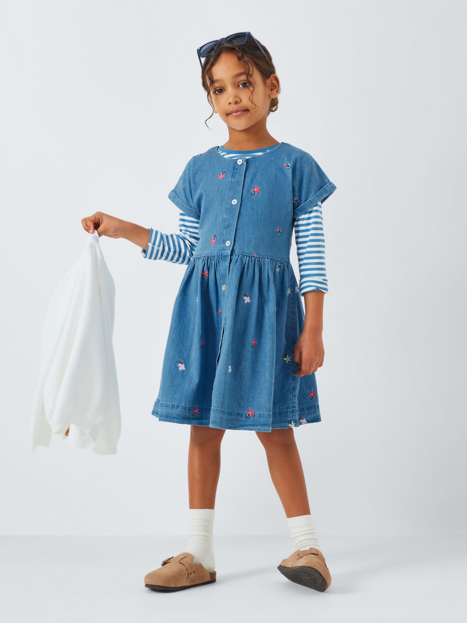 John Lewis Kids' Chambray Embroidered Flowers Dress, Blue, 7 years