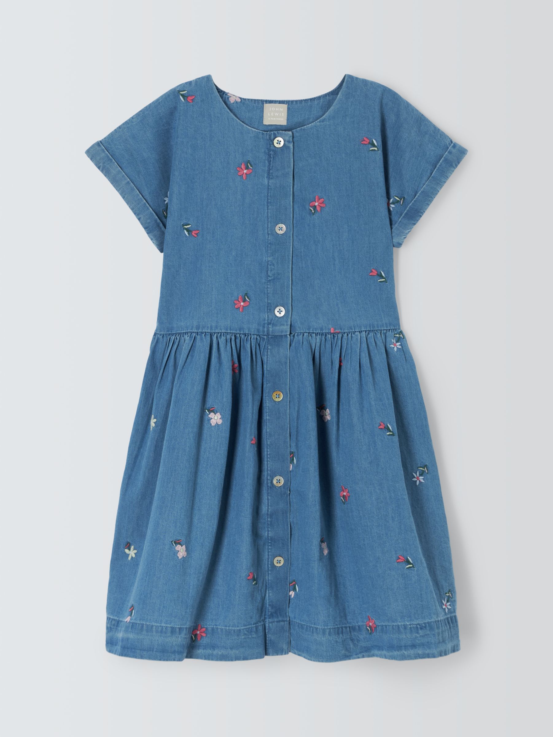 John Lewis Kids' Chambray Embroidered Flowers Dress, Blue, 7 years