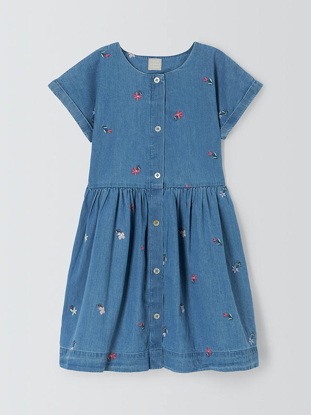 John Lewis Kids' Chambray Embroidered Flowers Dress, Blue