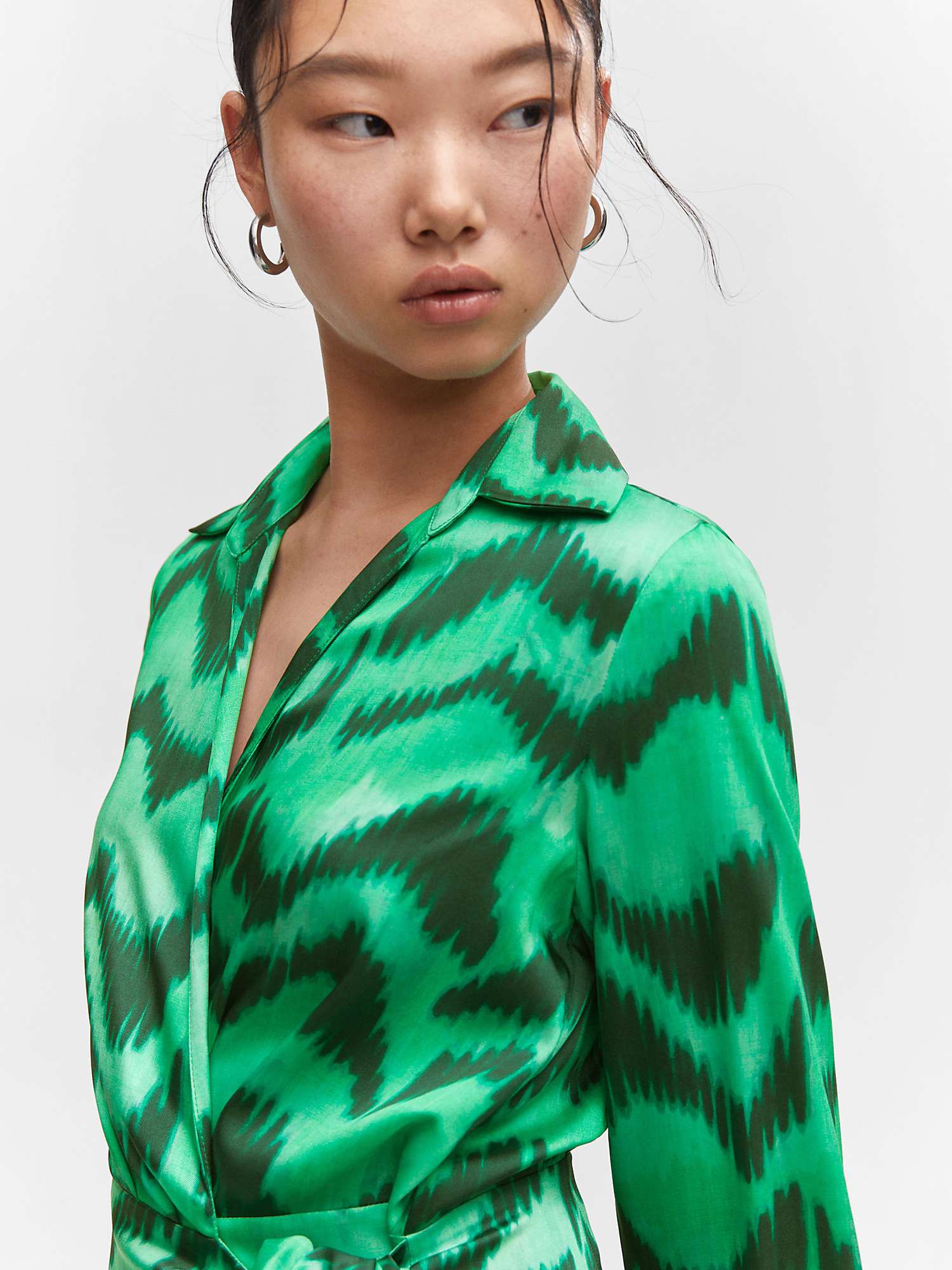 Mango Medal Printed Satin Shirt Dress, Green at John Lewis & Partners