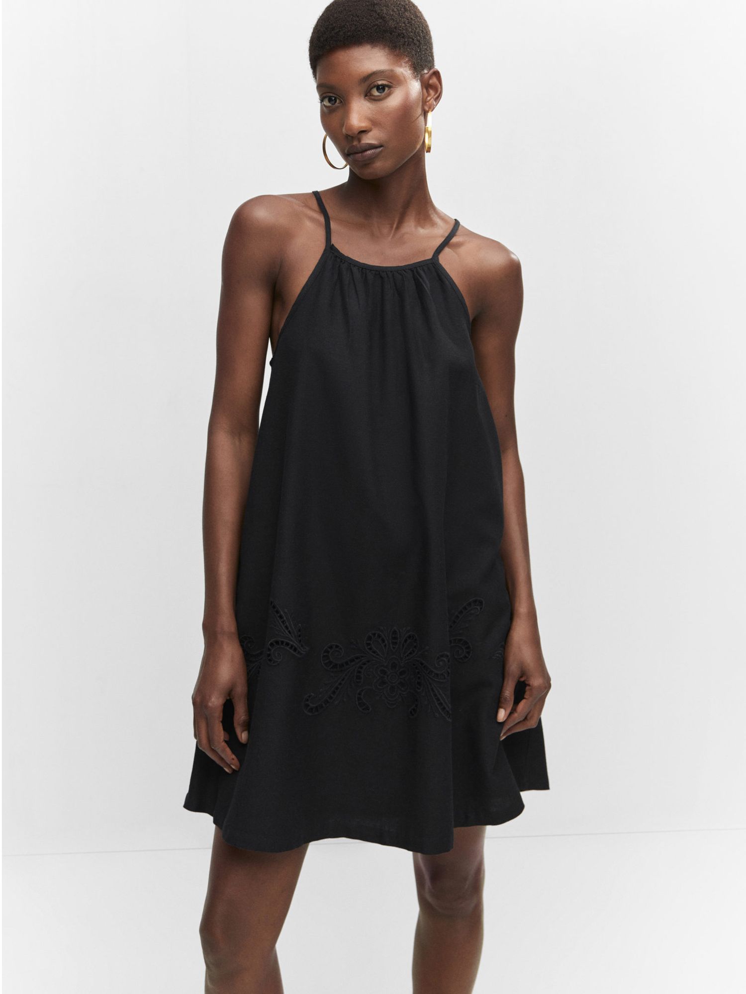Mango Ely Linen Blend Mini Slip Dress, Black at John Lewis & Partners