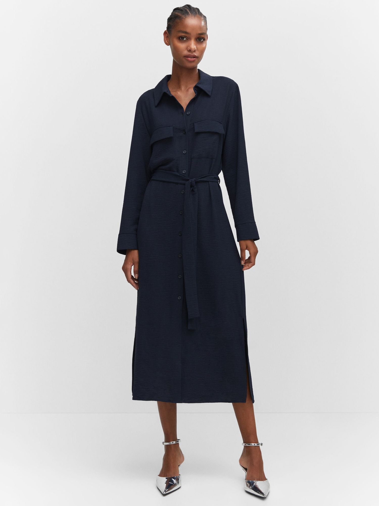 Mango Bubble-A Bow Shirt Dress, Navy at John Lewis & Partners