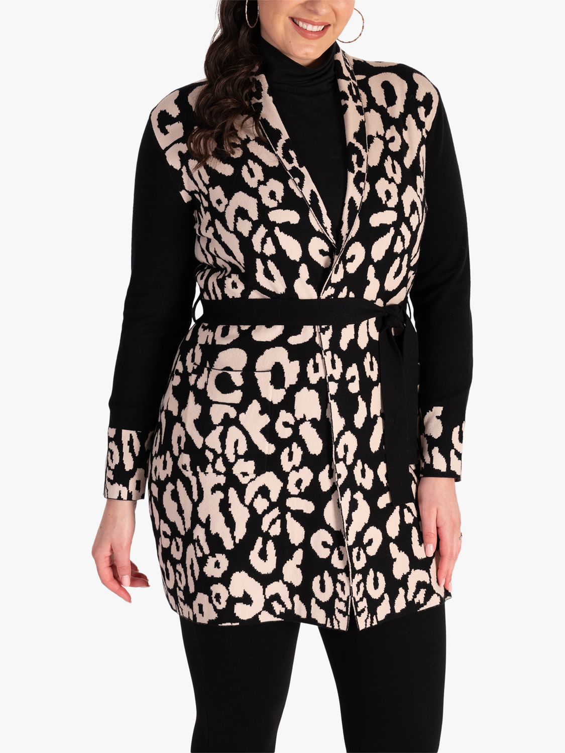 chesca Leopard Cardigan With Tie Belt Black Cream at John Lewis