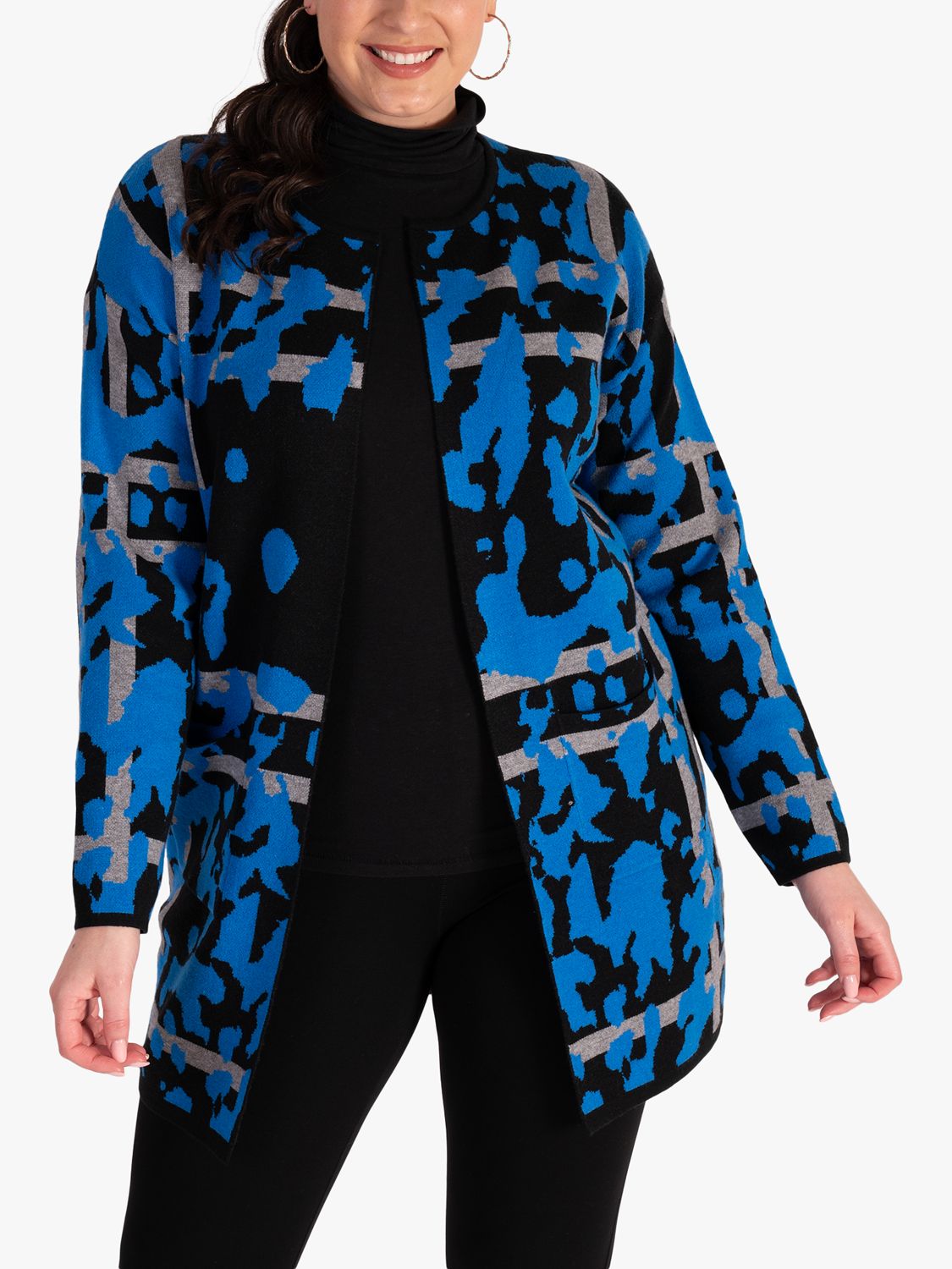 chesca Abstract Print Longline Cardigan, Black/Cobalt, 18-20