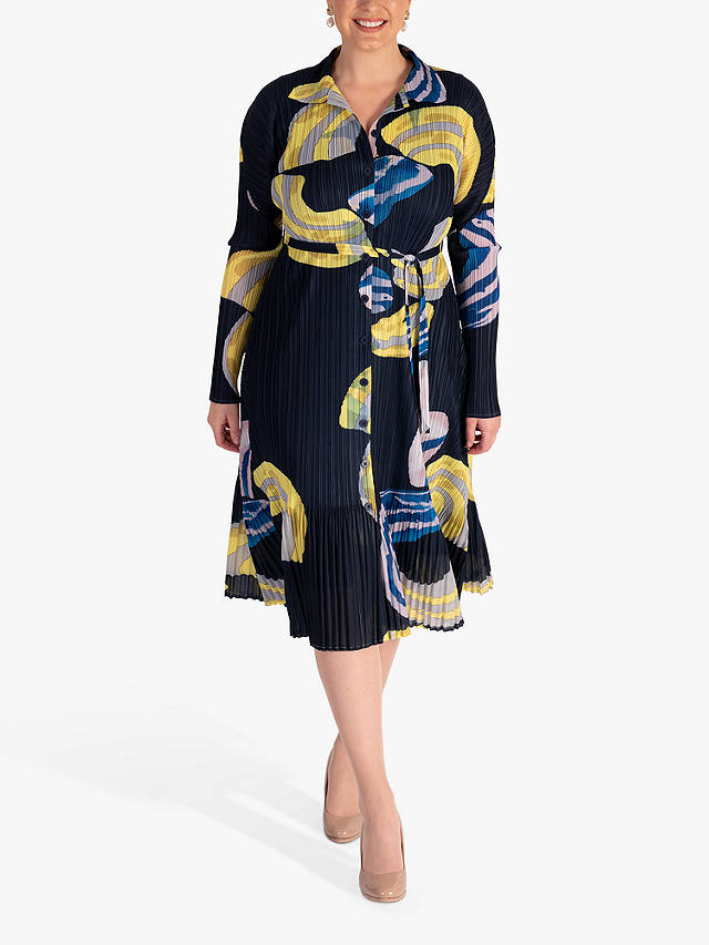 chesca Plissé Pleated Shirt Dress With Tie Belt, Navy/Yellow