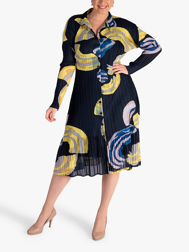 chesca Plissé Pleated Shirt Dress With Tie Belt, Navy/Yellow