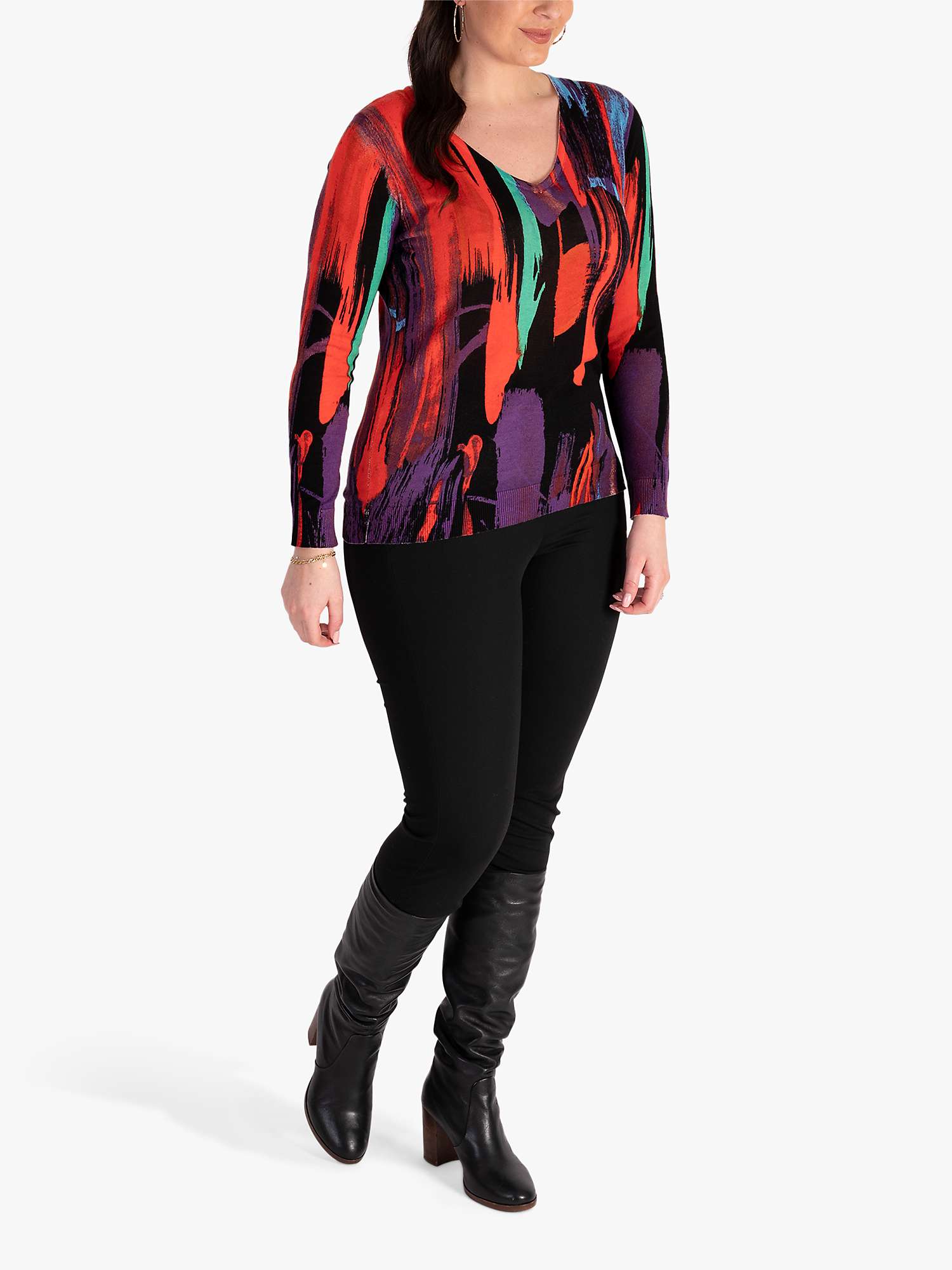 Buy chesca Abstract Strokes Fine Knit V-Neck Jumper, Black/Multi Online at johnlewis.com