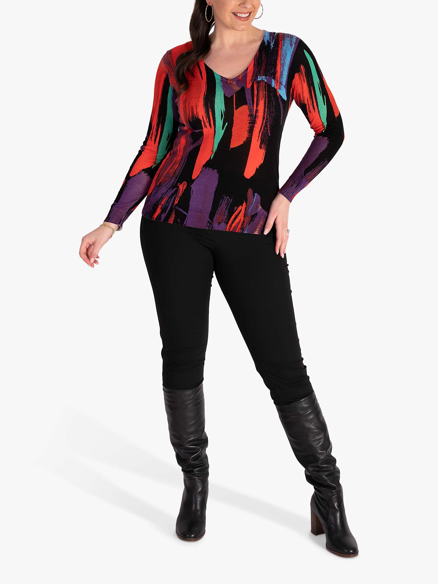 Buy chesca Abstract Strokes Fine Knit V-Neck Jumper, Black/Multi Online at johnlewis.com
