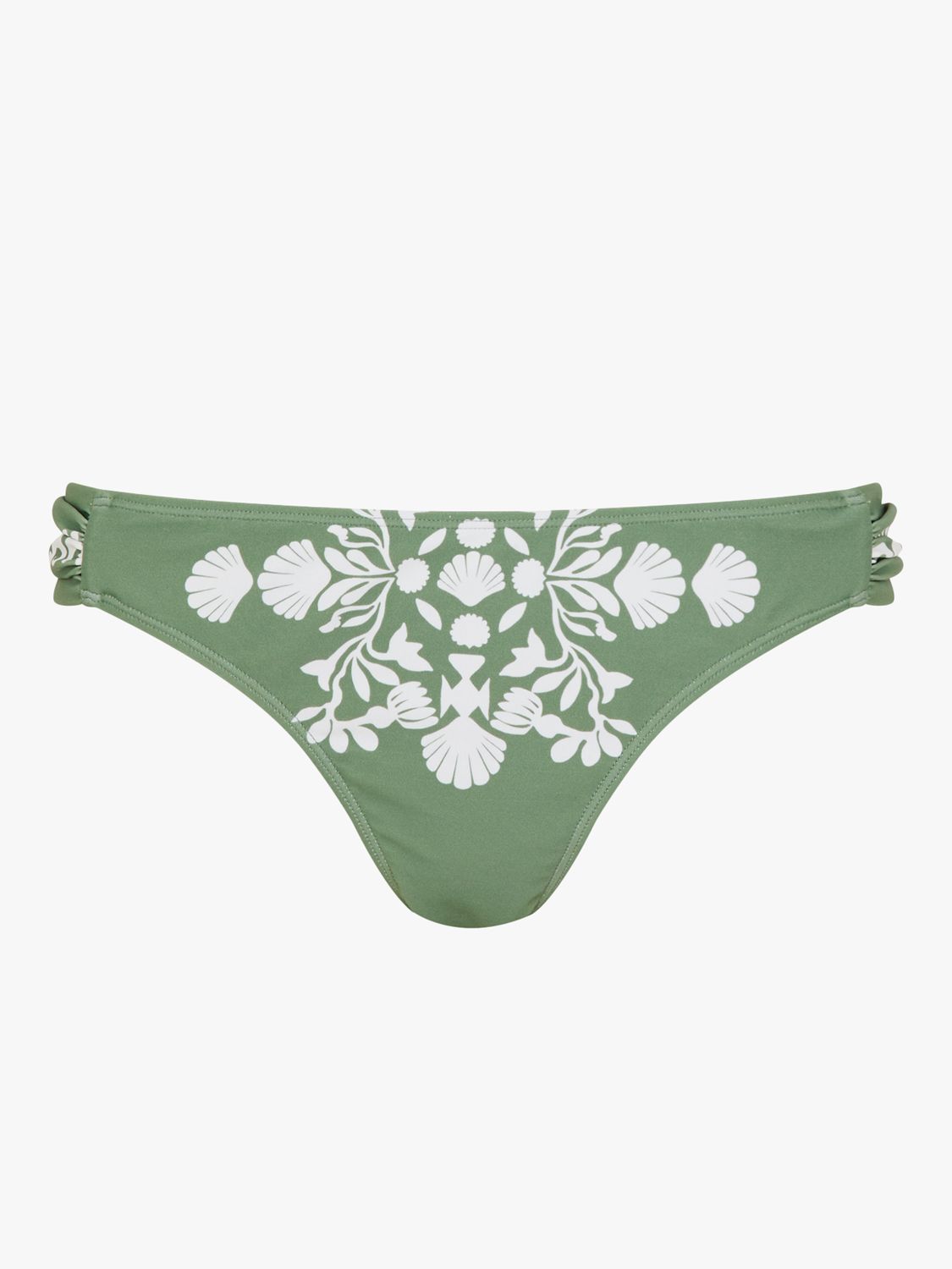 Accessorize Ornamental Print Ruched Side Bikini Bottoms, Khaki, 16