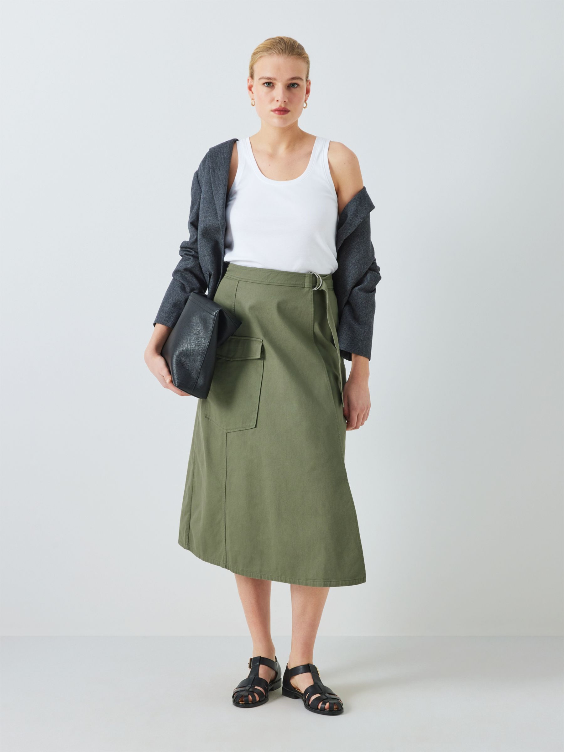 John Lewis Utility Wrap Midi Skirt, Khaki at John Lewis & Partners