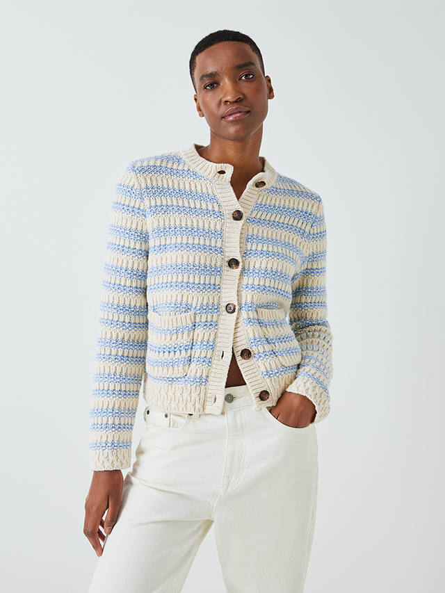 John Lewis Tuck Stitch Striped Chunky Cardigan, Yellow/Blue