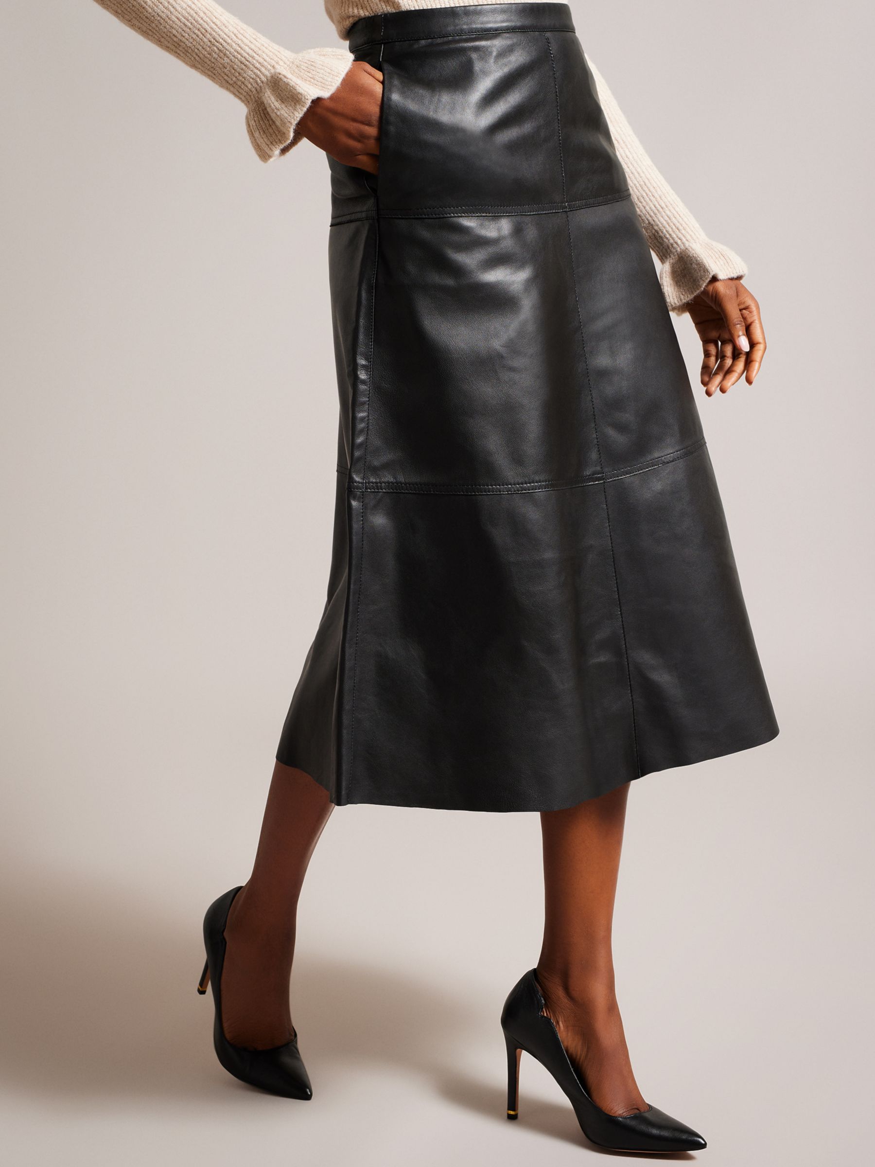 Ted Baker Oaklyna Leather Panelled A-Line Midi Skirt, Black at John ...