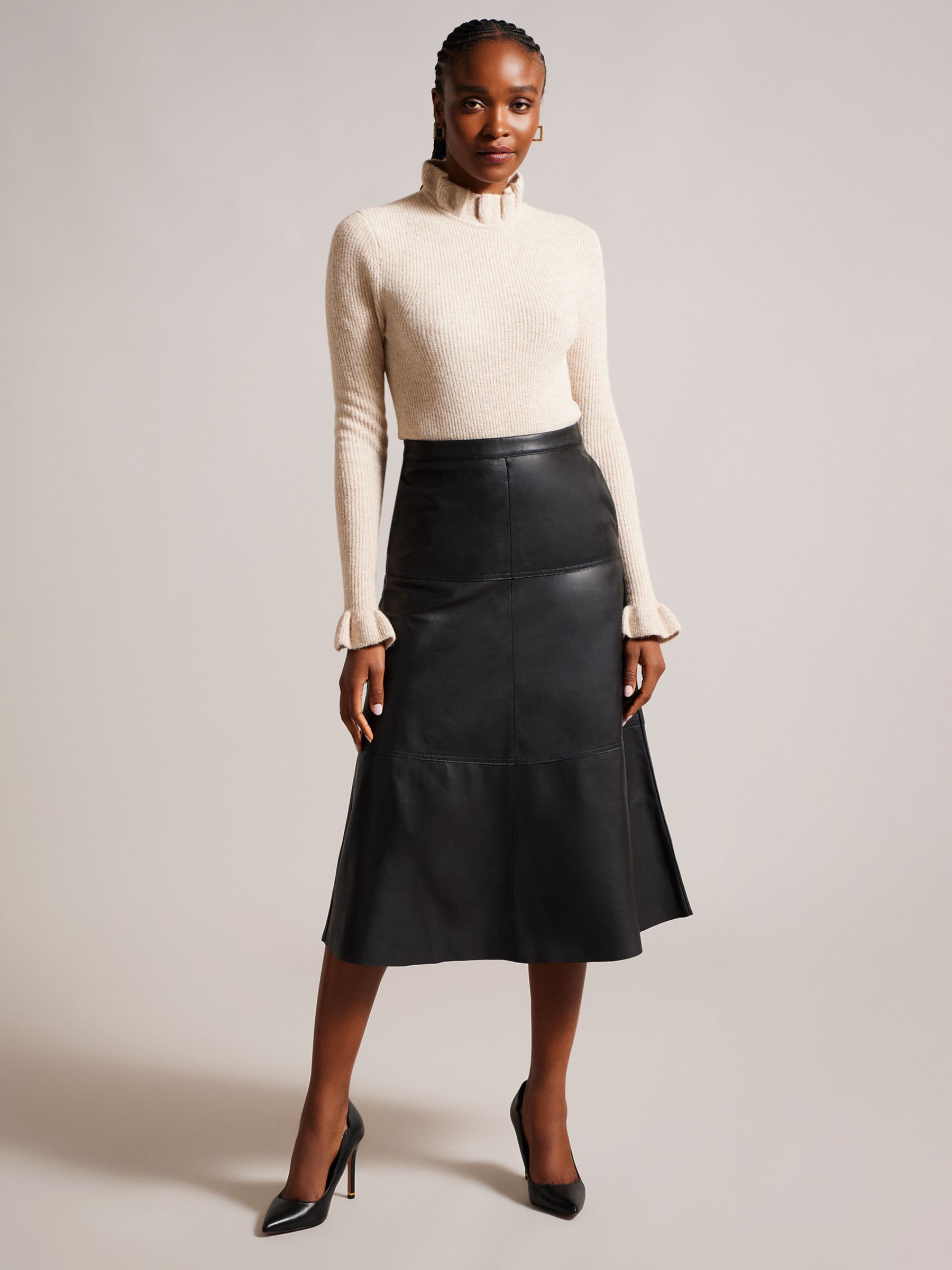 Ted Baker Oaklyna Leather Panelled A-Line Midi Skirt, Black at