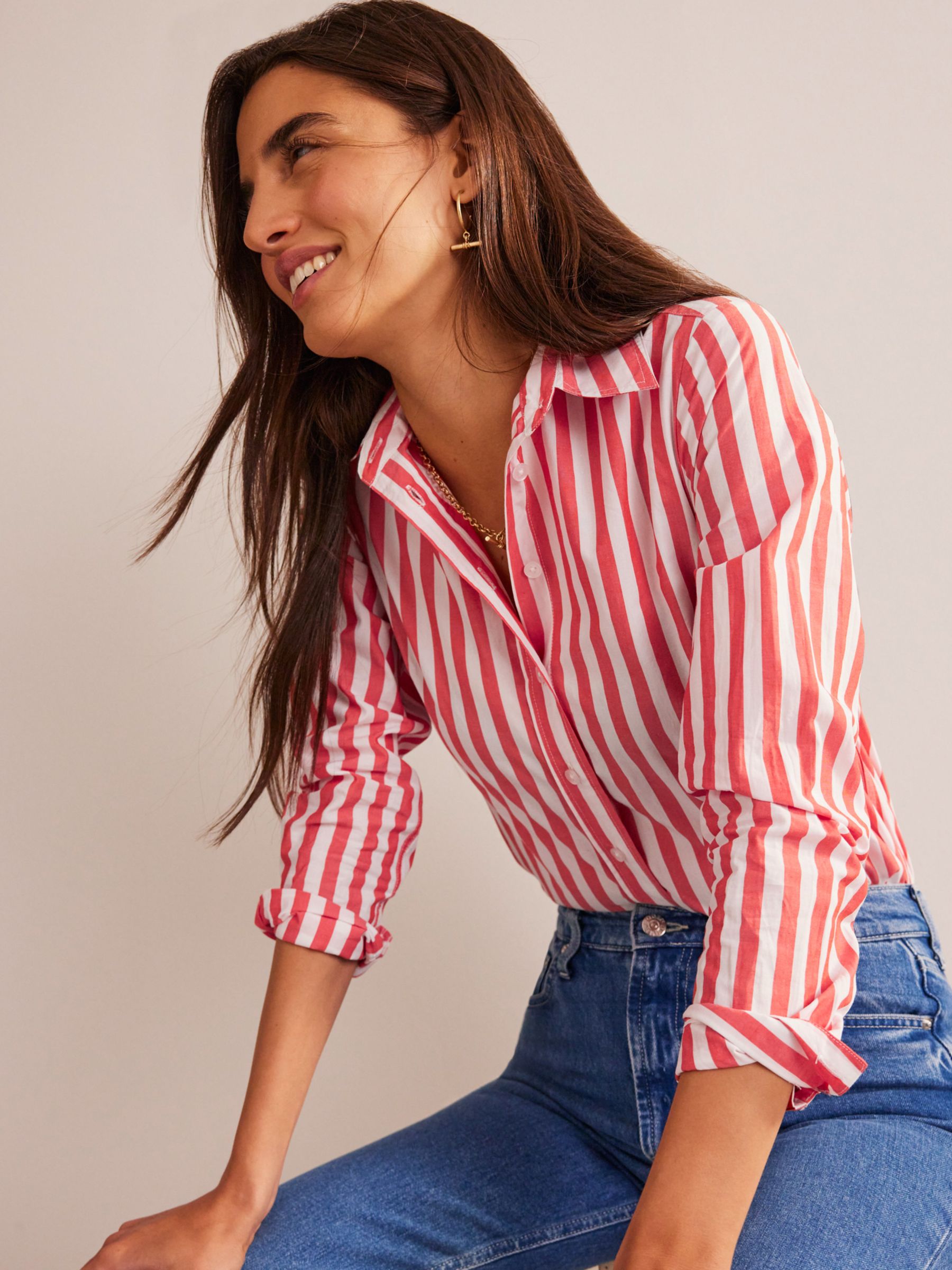 Boden Sienna Striped Cotton Shirt, Red/White at John Lewis & Partners