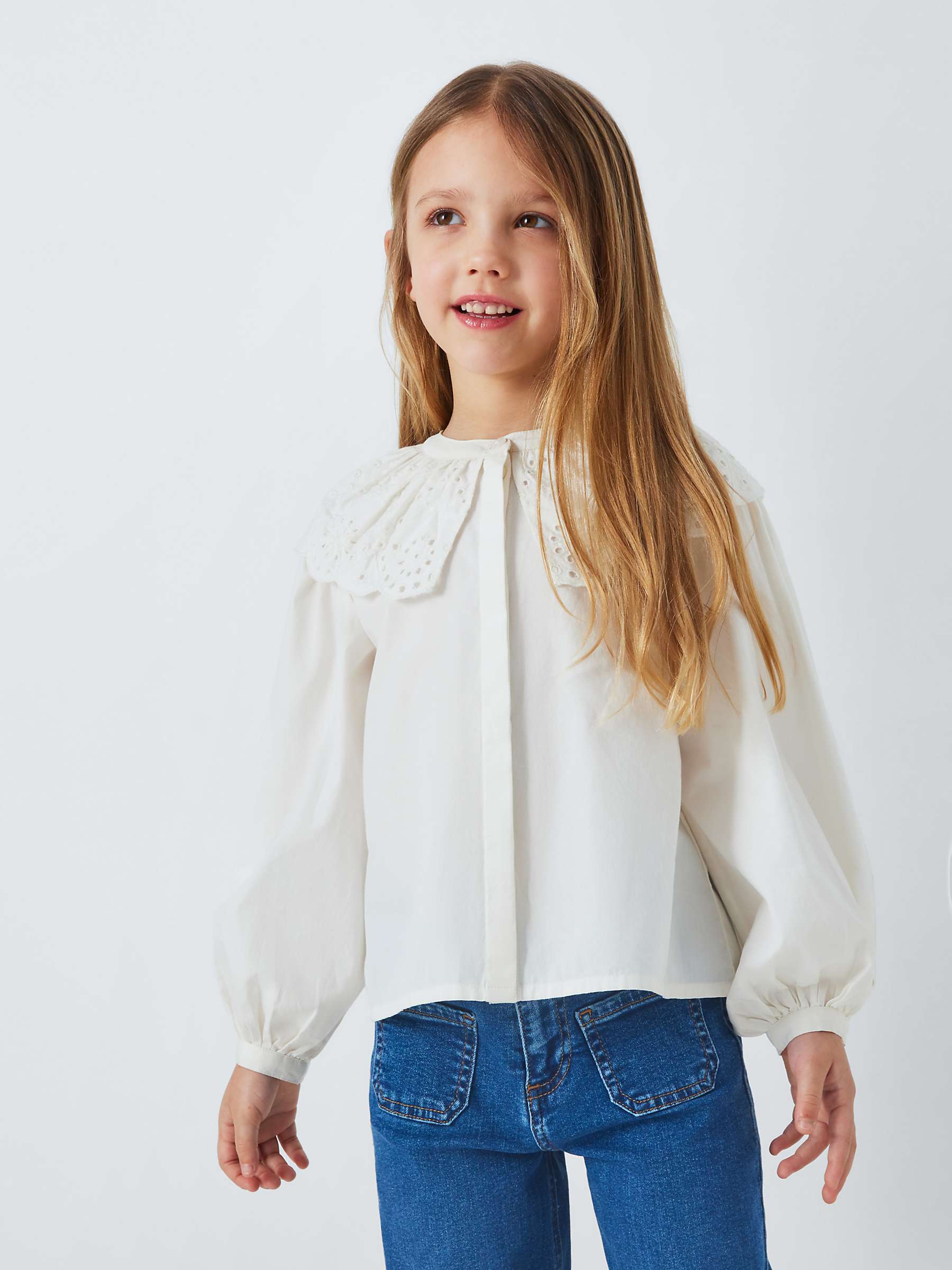Buy John Lewis Kids' Broderie Collar Long Sleeve Blouse, White Online at johnlewis.com