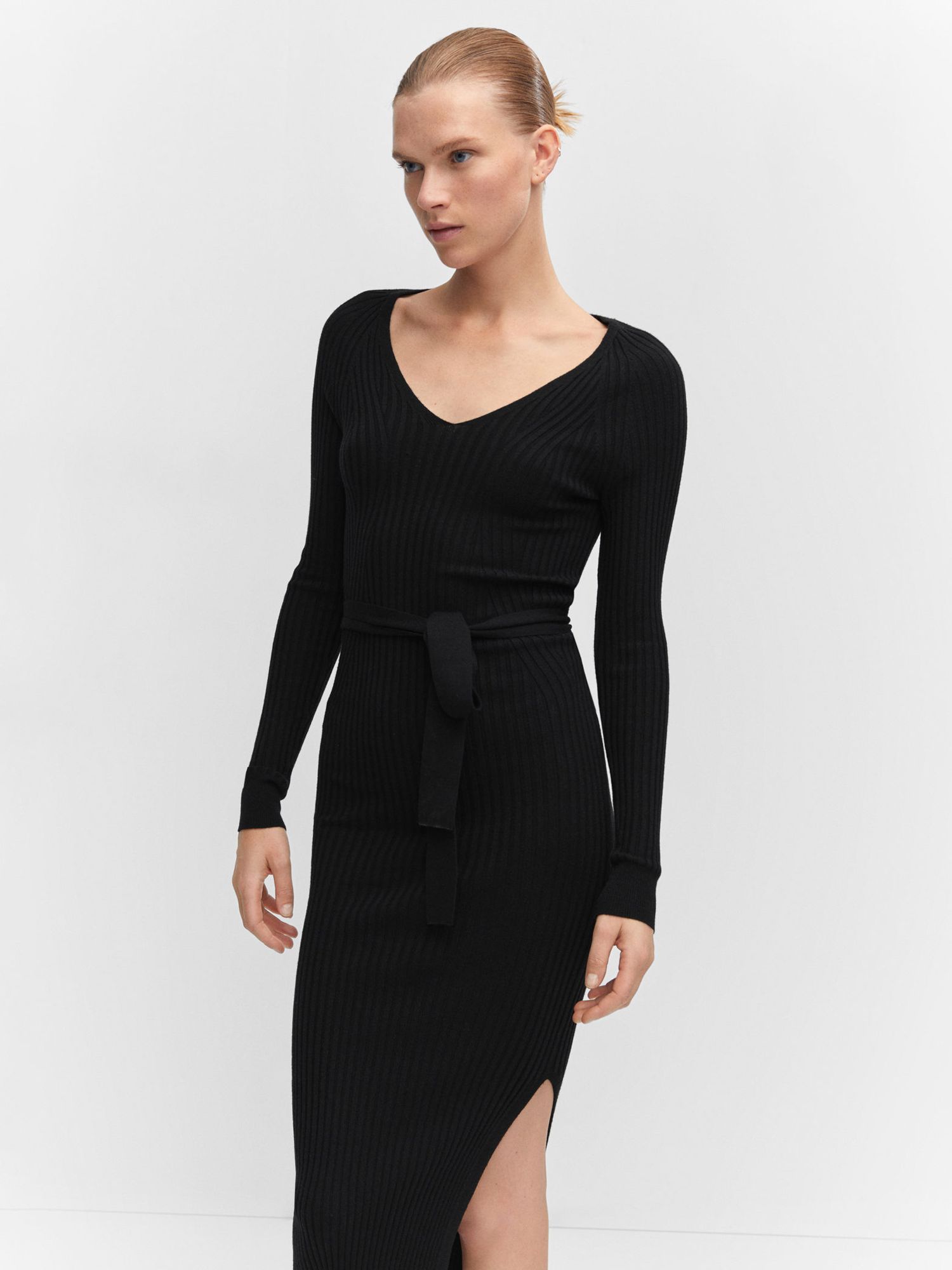 Mango Goletabs Knitted Belted Bodycon Midi Dress, Black, 4