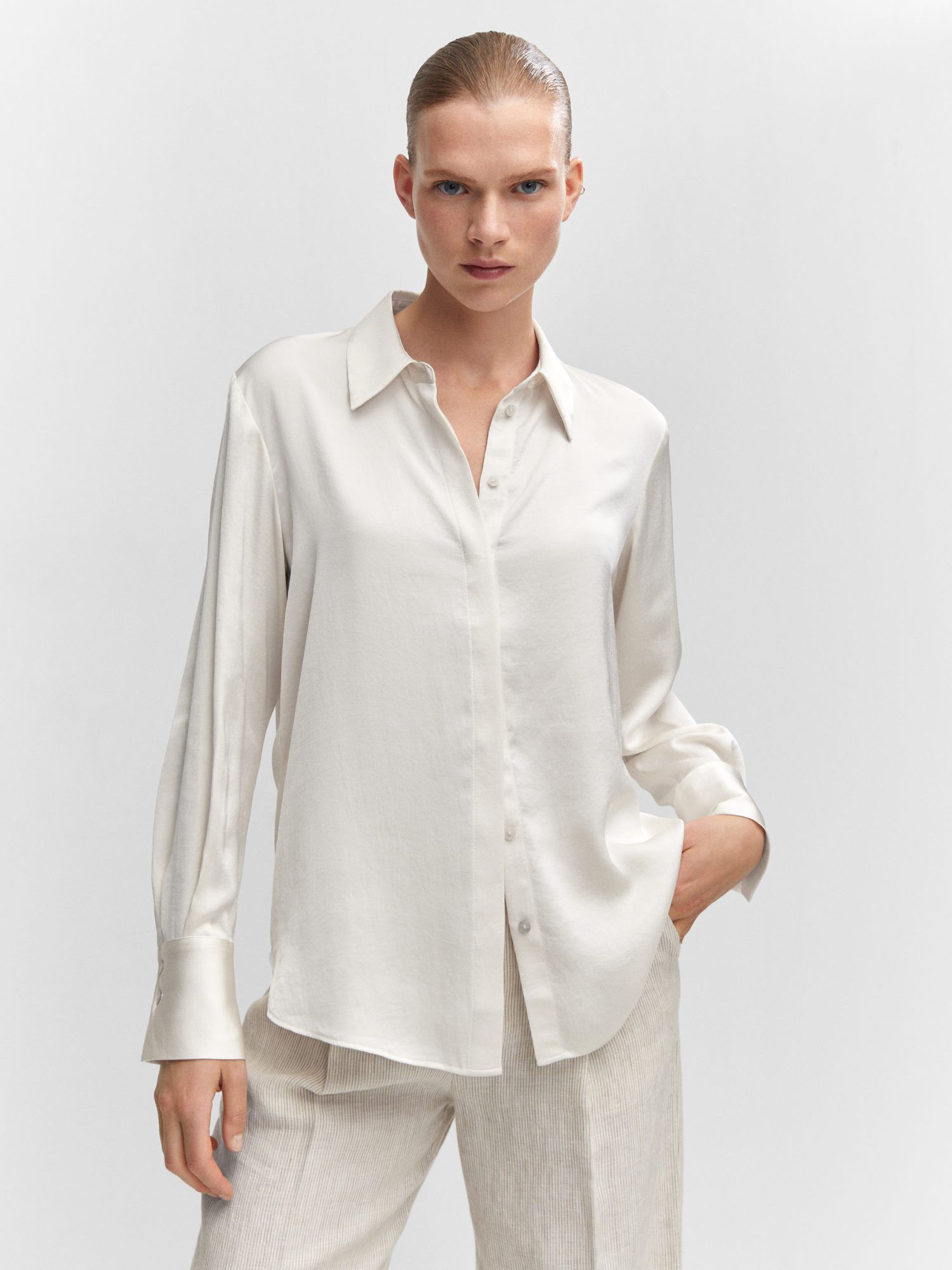 Mango Ideale Satin Shirt, Natural White at John Lewis & Partners