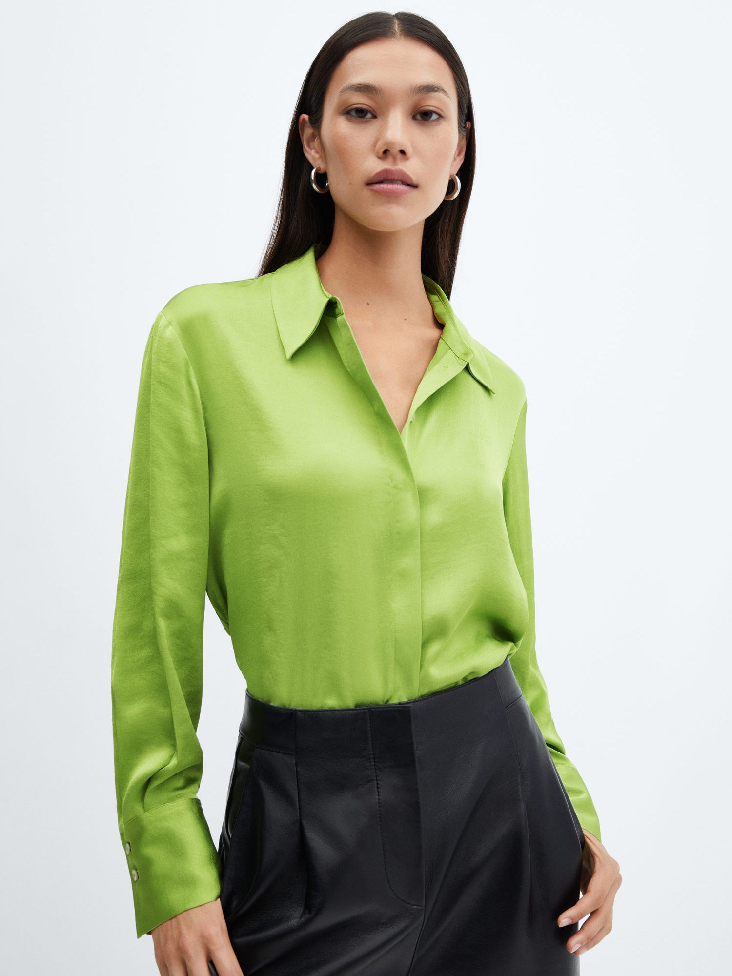 Mango Ideale Satin Shirt, Bright Green at John Lewis & Partners