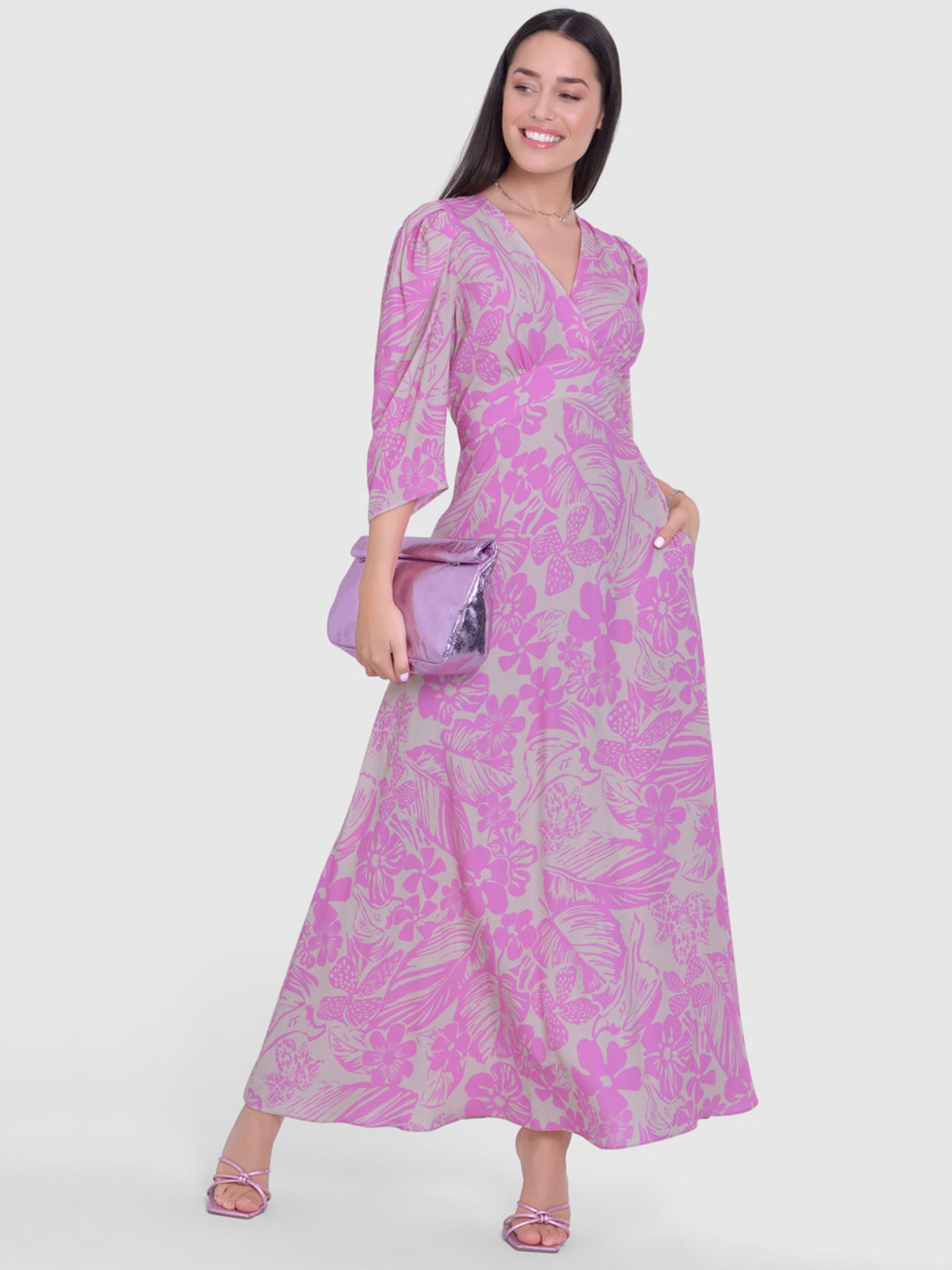 Closet London Floral Print Wrap Neck Midi Dress, Pink