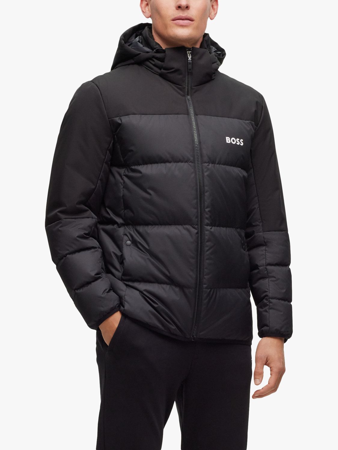 BOSS Hamar Quilted Hooded Jacket, Black at John Lewis & Partners