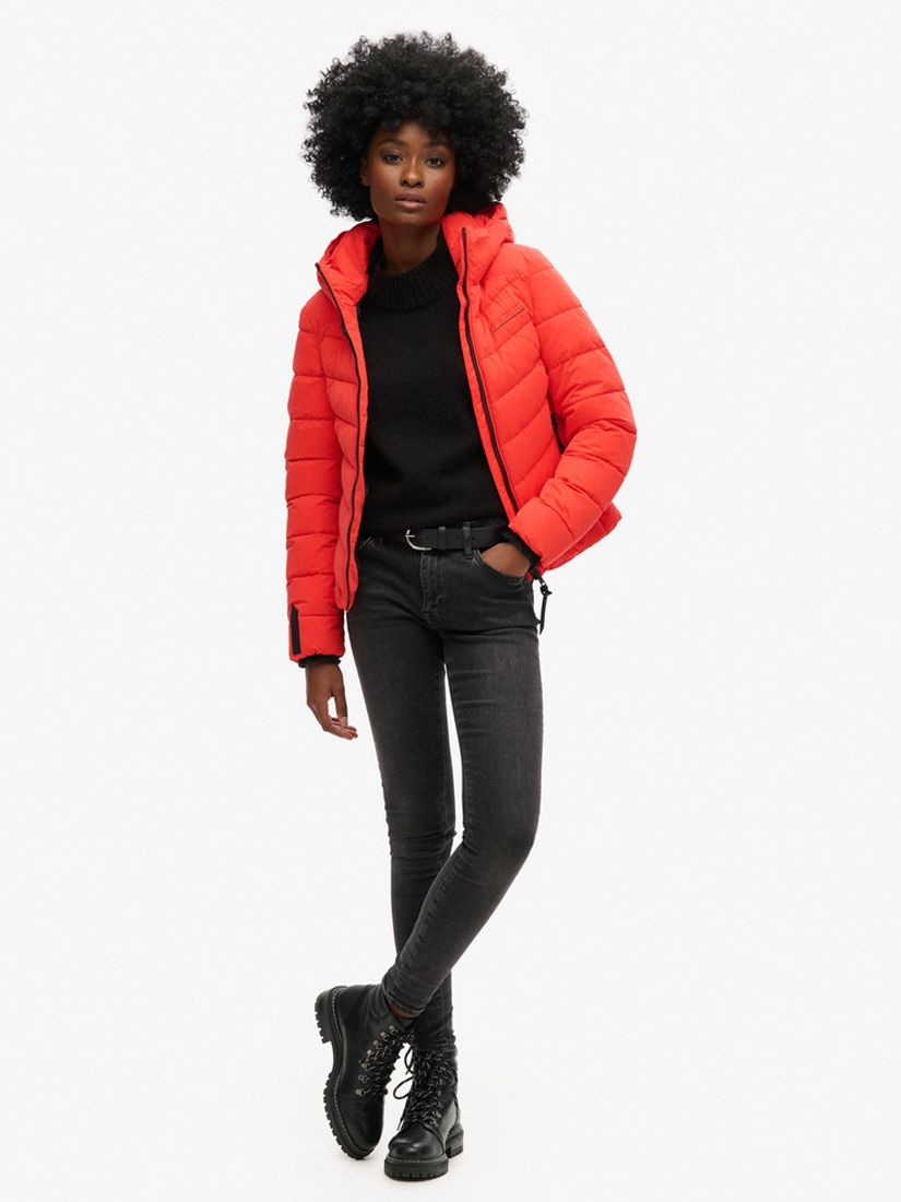 Superdry Hooded Microfibre Padded Jacket, Sunset Red at John Lewis ...