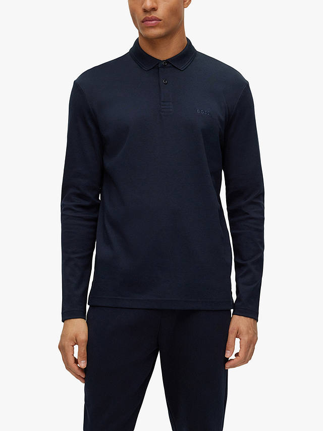 BOSS Pirol Long Sleeve Polo Shirt, Dark Blue