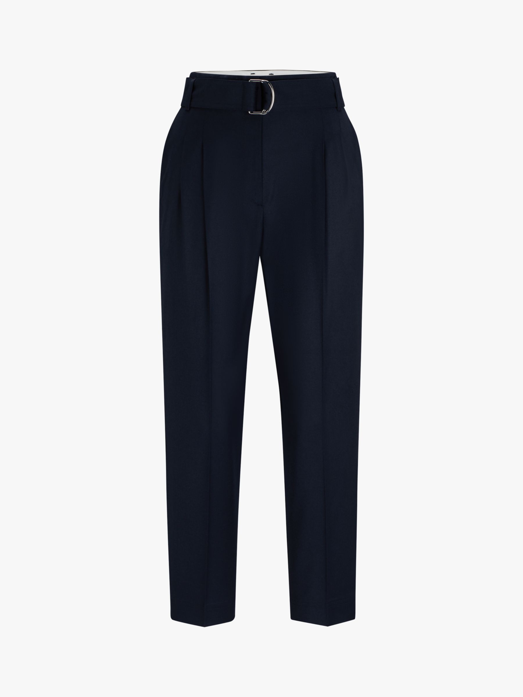 BOSS Tapiah Belted Wool Trousers, Navy at John Lewis & Partners