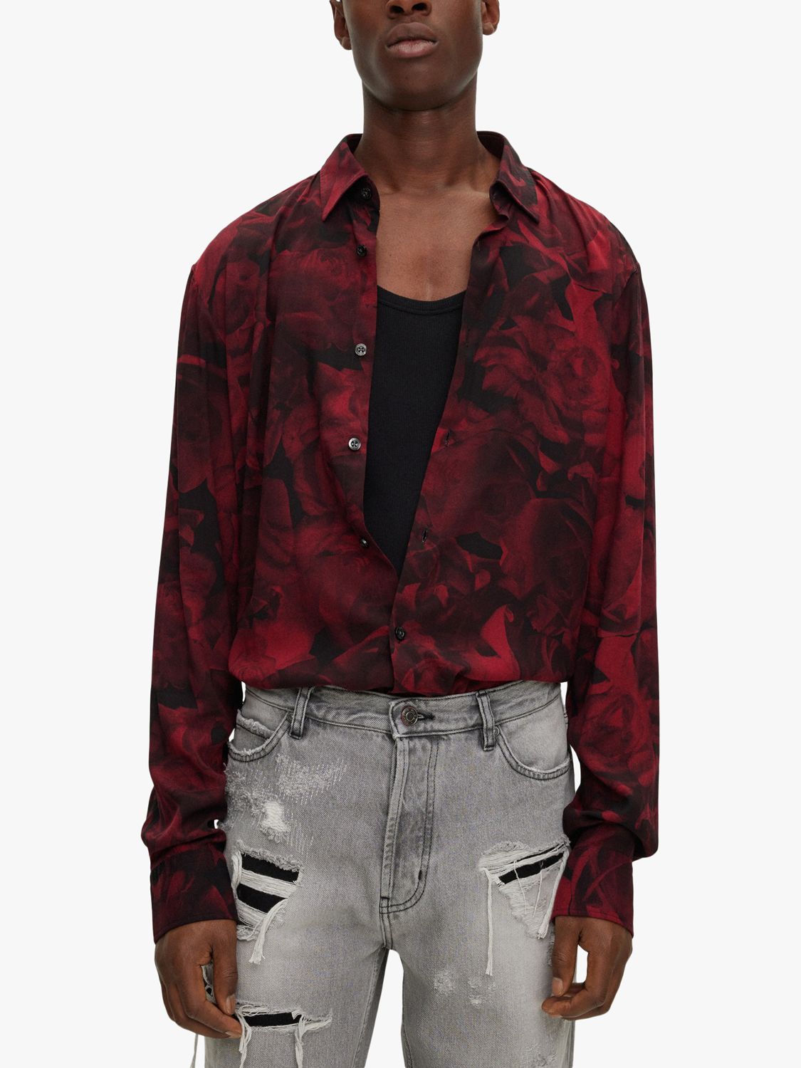 BOSS Ermo Abstract Print Long Sleeve Shirt, Dark Red, S