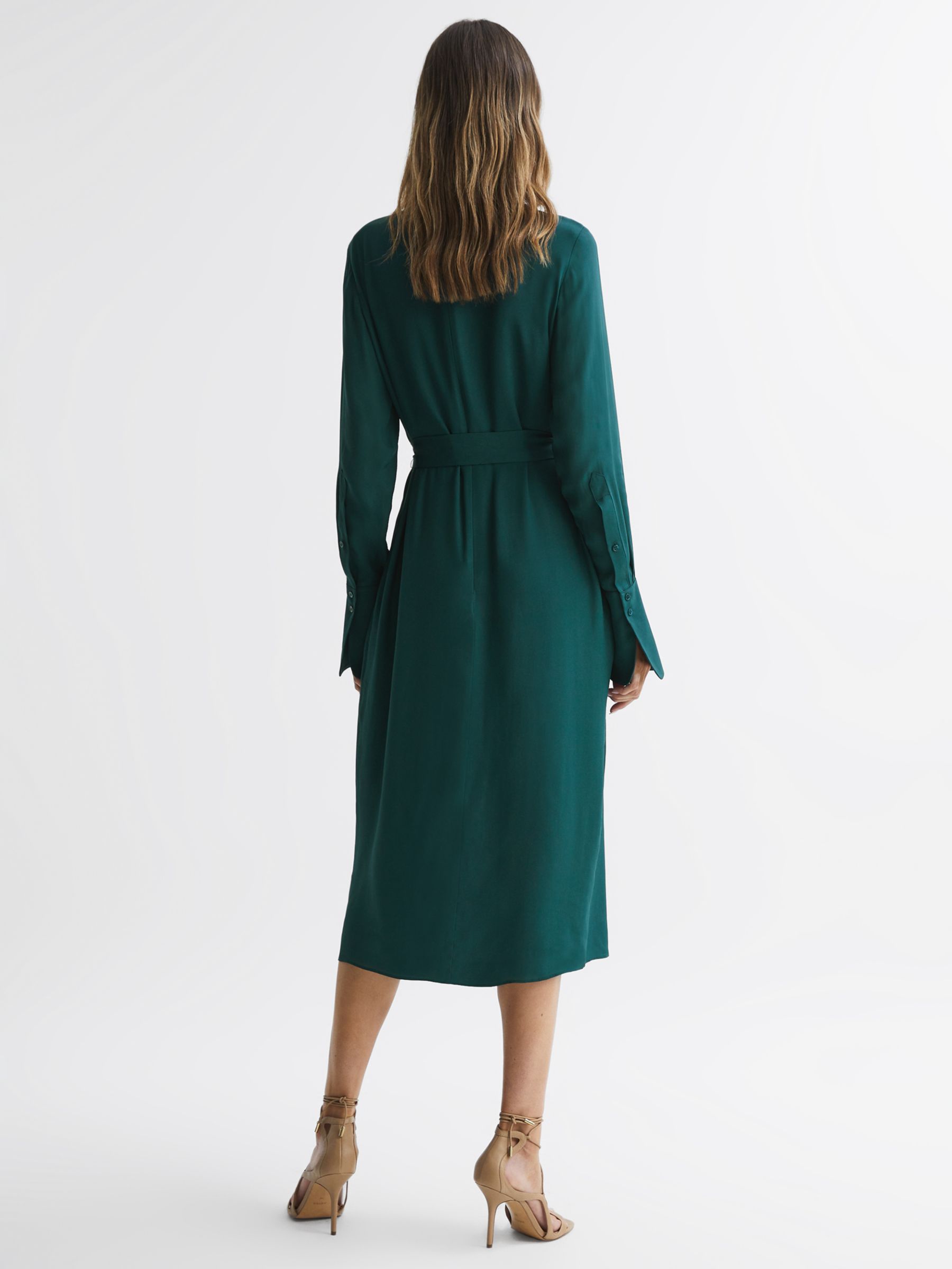 Reiss Phoenix Plain Pleated Midi Dress, Green at John Lewis & Partners