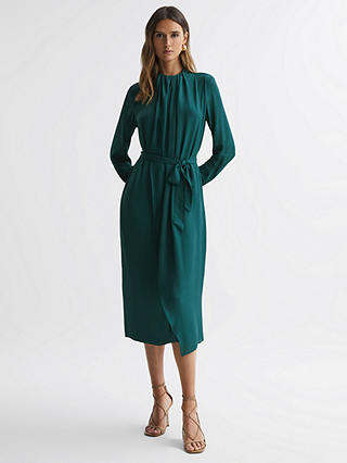 Reiss Phoenix Plain Pleated Midi Dress, Green
