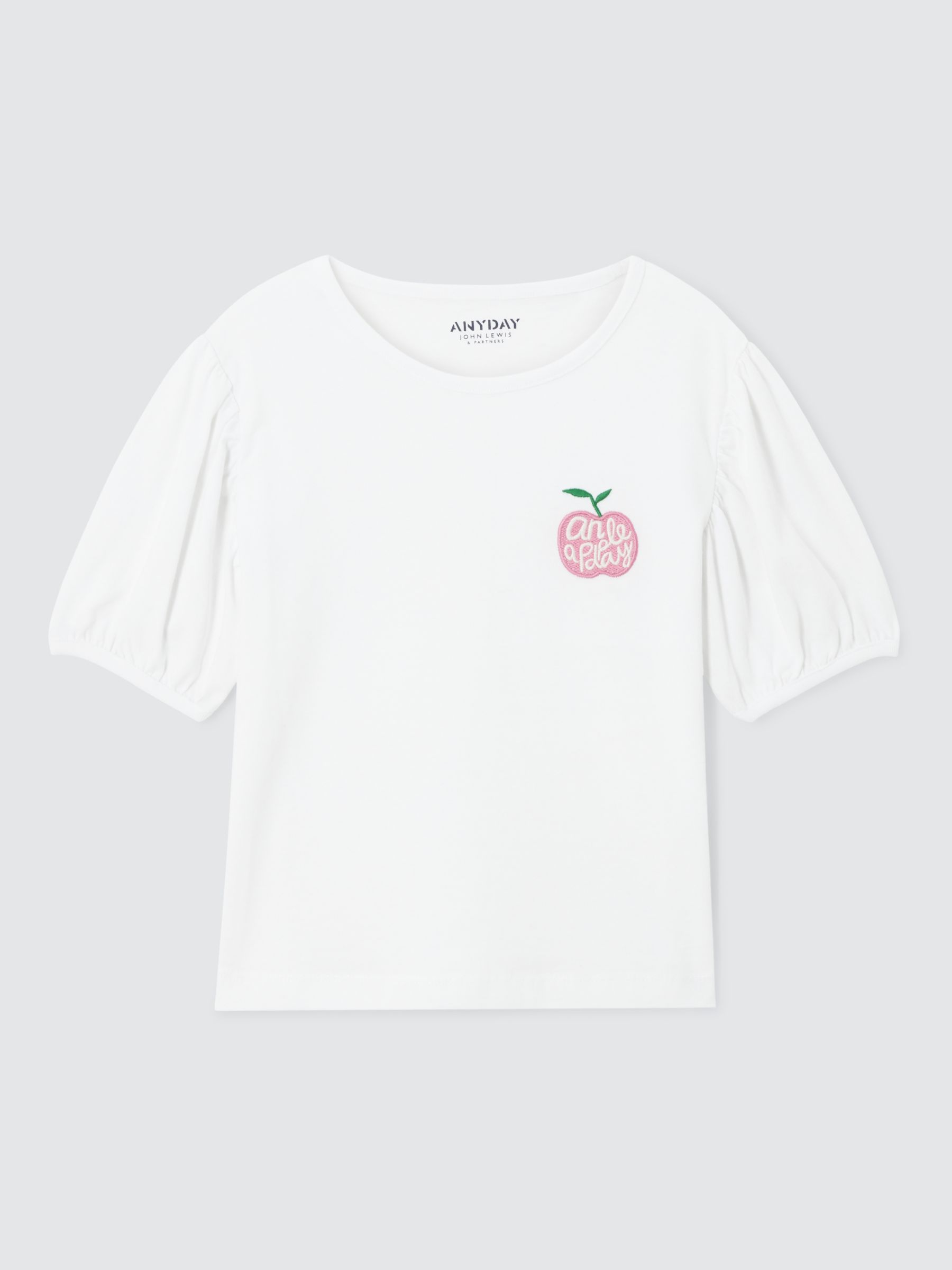 John Lewis ANYDAY Kids' Puff Sleeve Apple T-Shirt, Bright White, 11 years