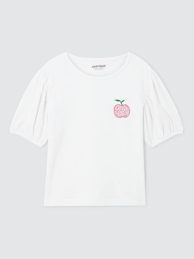 John Lewis ANYDAY Kids' Puff Sleeve Apple T-Shirt, Bright White