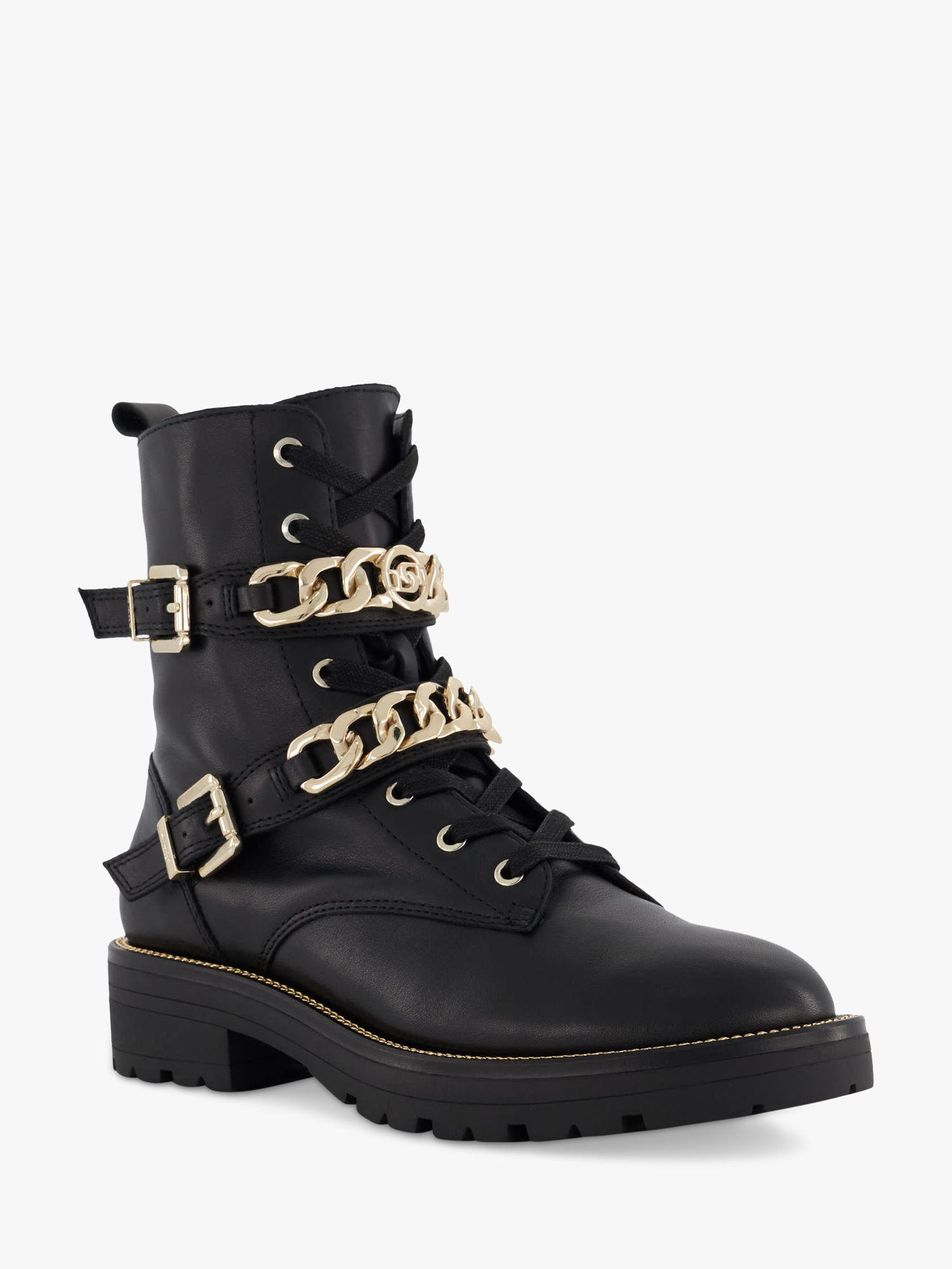 Dune Plazas Leather Ankle Boots, Black/Gold at John Lewis & Partners