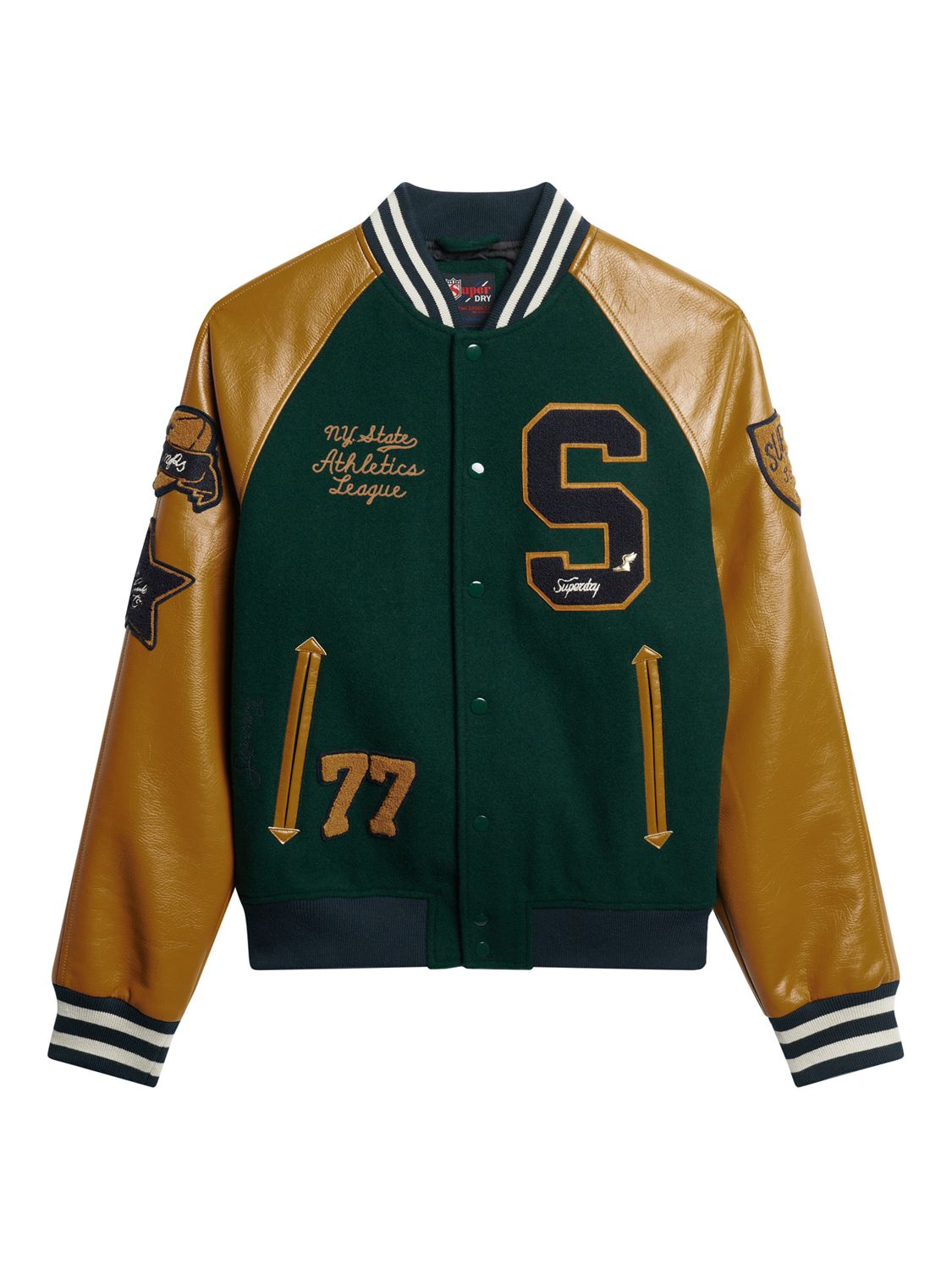 Superdry College Varsity Patched Bomber Jacket, Green Mid at John Lewis ...