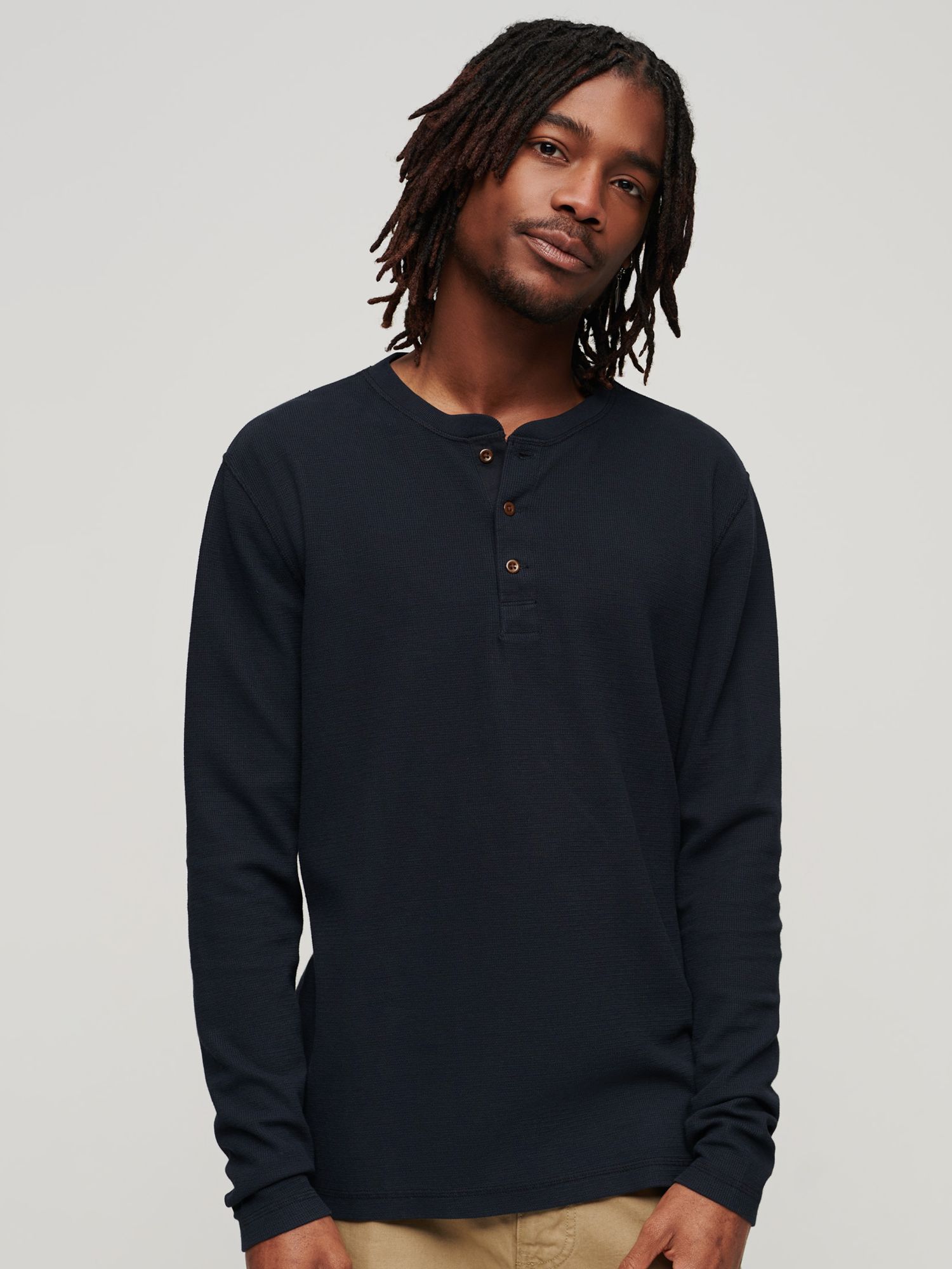 Superdry Organic Cotton Long Sleeve Waffle Henley Top, Eclipse Navy at ...