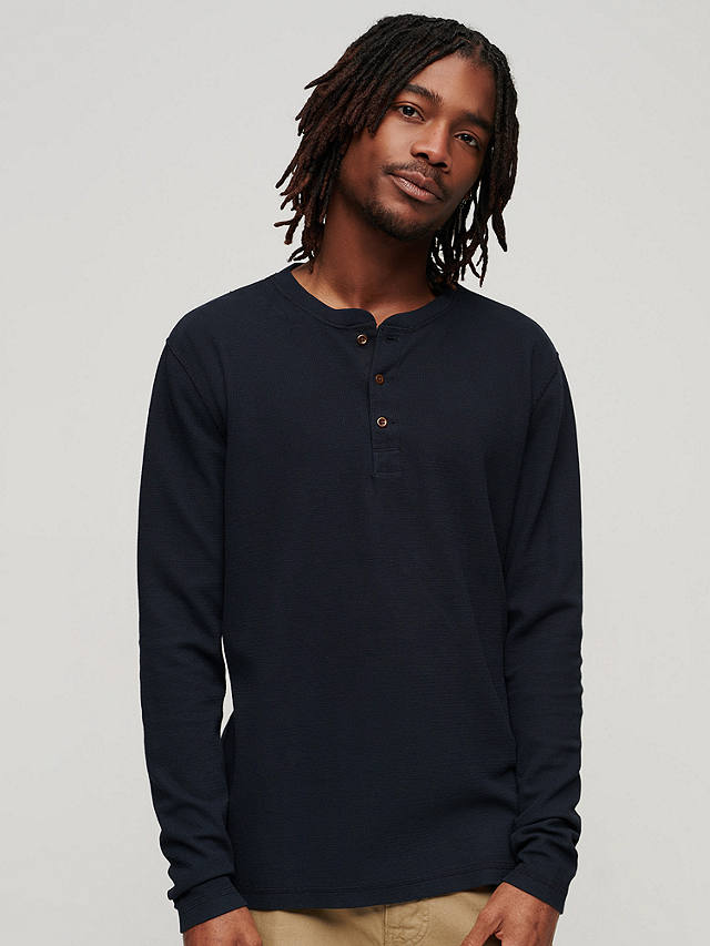 Superdry Organic Cotton Long Sleeve Waffle Henley Top, Eclipse Navy