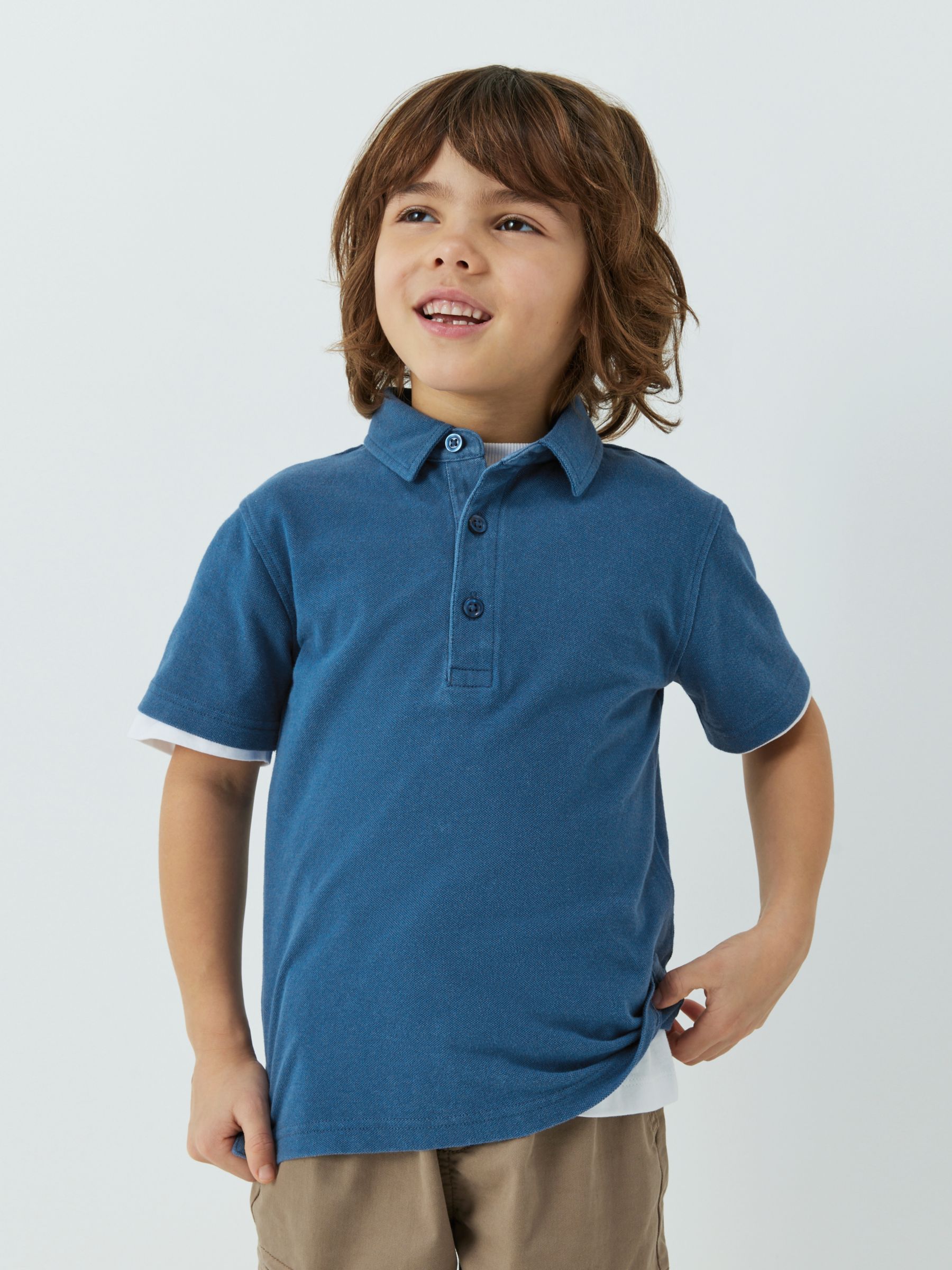 John Lewis Kids' Plain Pique Cotton Short Sleeve Polo Shirt, Mid Blue, 2 years