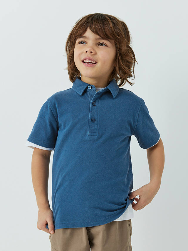 John Lewis Kids' Plain Pique Cotton Short Sleeve Polo Shirt, Mid Blue
