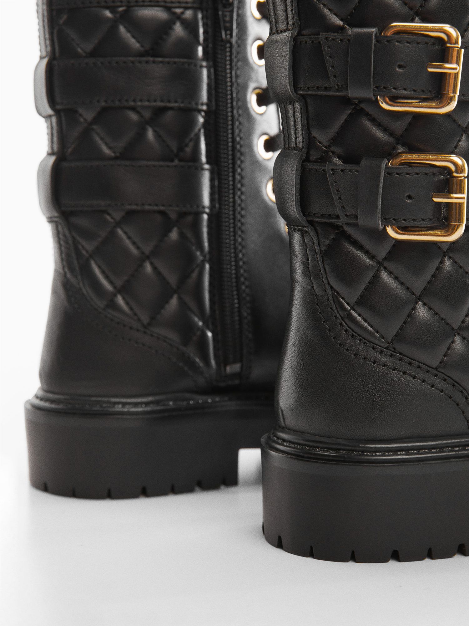 Mango Sierra Leather Quilted Biker Boots, Black