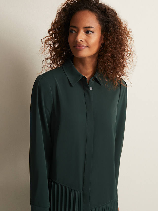 Phase Eight Helena Pleated Shirt Midi Dress, Dark Green