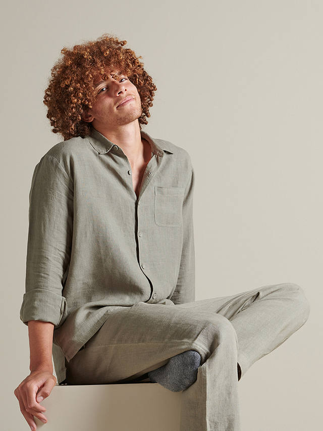 Bedfolk Linen Shirt Pyjama Set, Moss