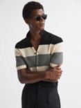Reiss Seville Short Sleeve Cuban Collar Wide Stripe Shirt, Black/Multi