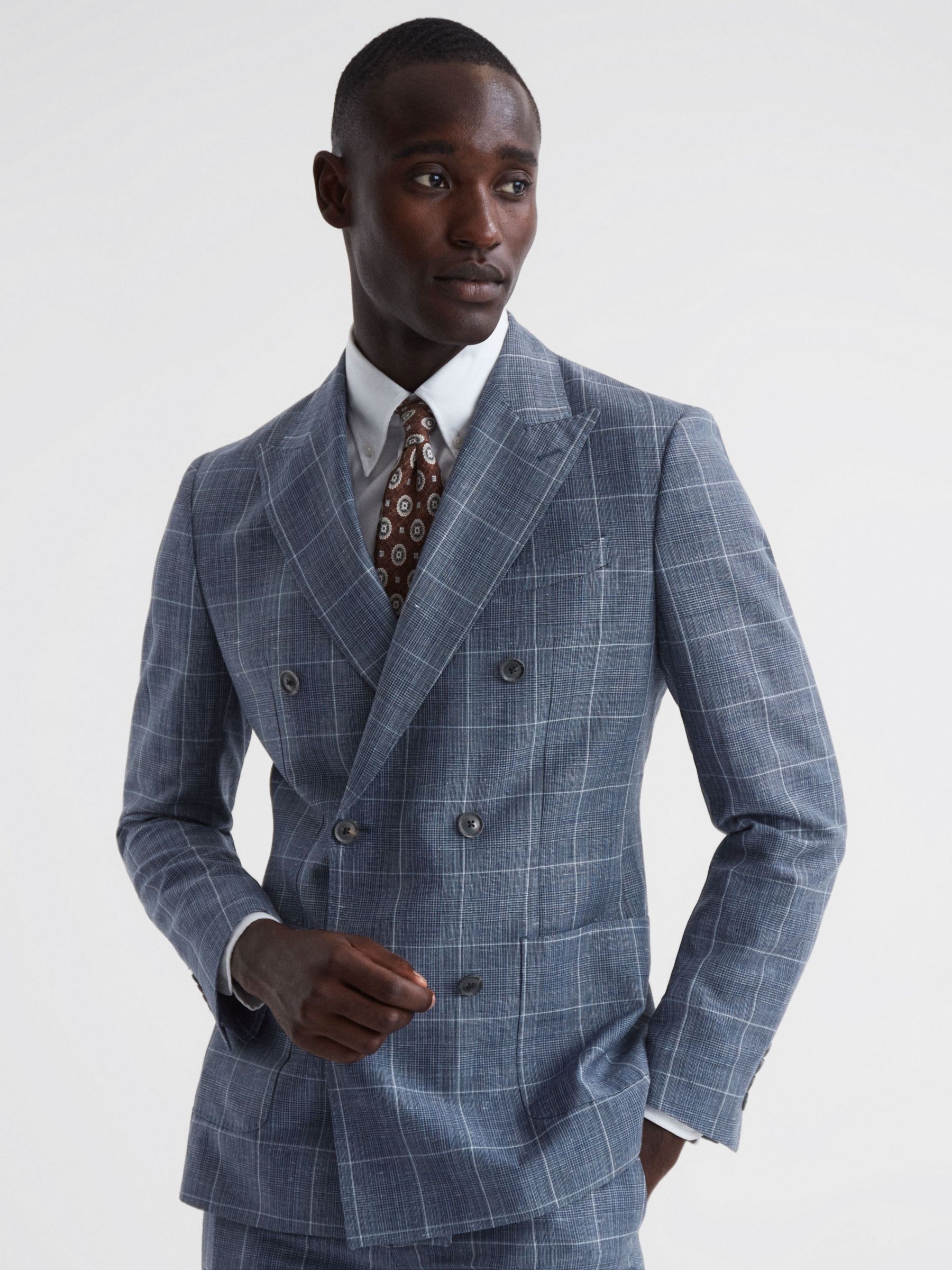 Reiss Aintree Tailored Fit Wool and Linen Check Suit Jacket, Indigo