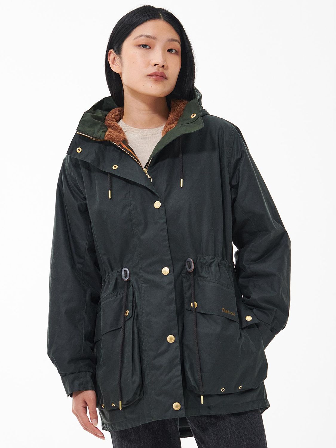 Barbour Grantley Waxed Parka Jacket, Sage/Classic at John Lewis & Partners