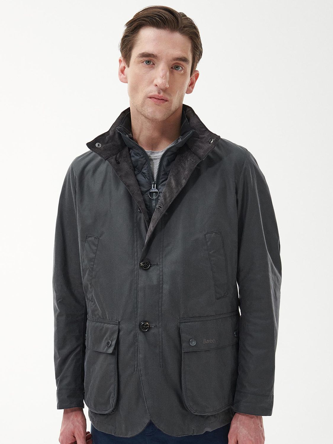 Barbour Century Wax Jacket, Grey/Black Slate at John Lewis & Partners