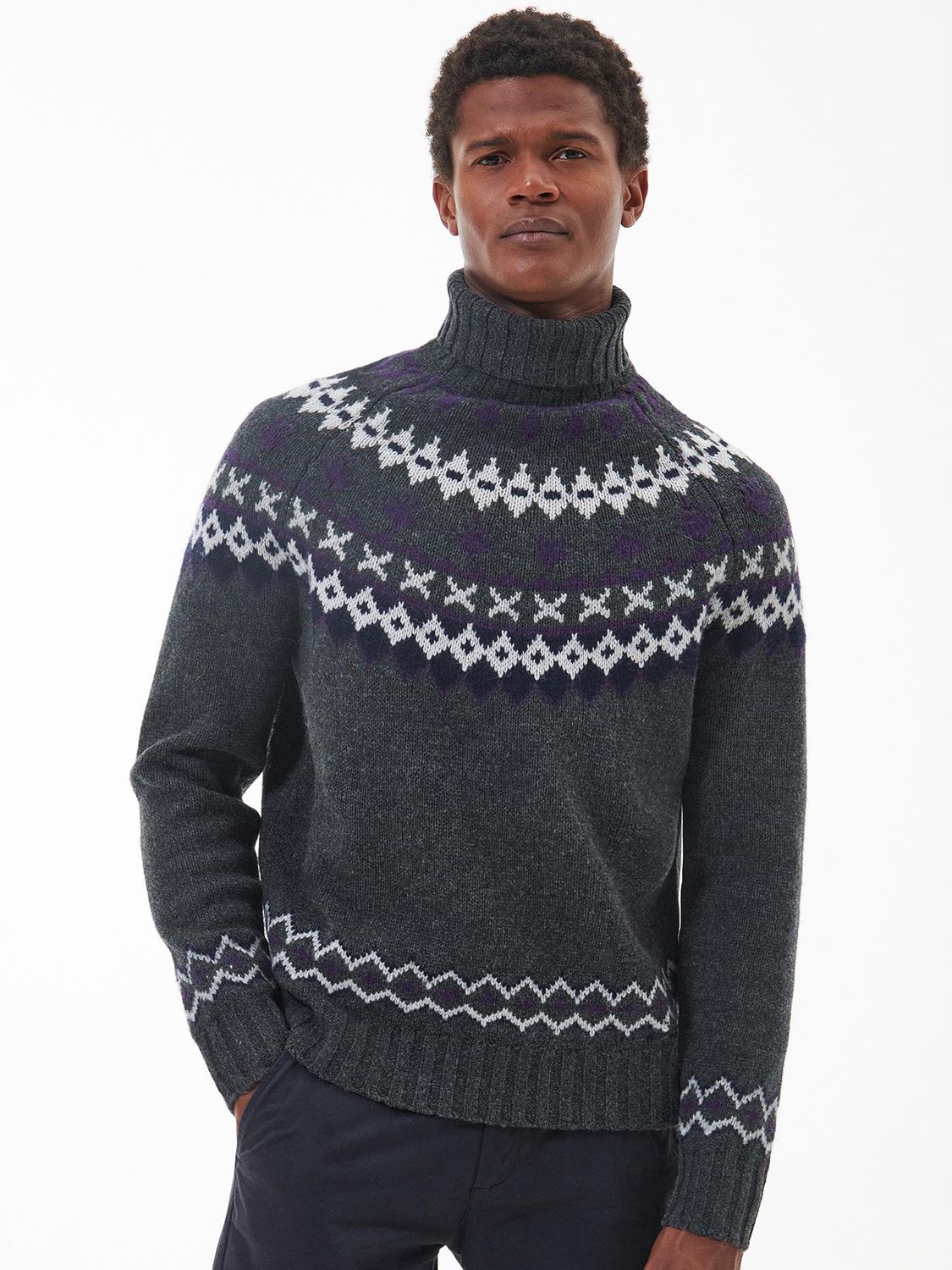 Barbour Roose Fair Isle Rollneck Jumper, Asphalt at John Lewis